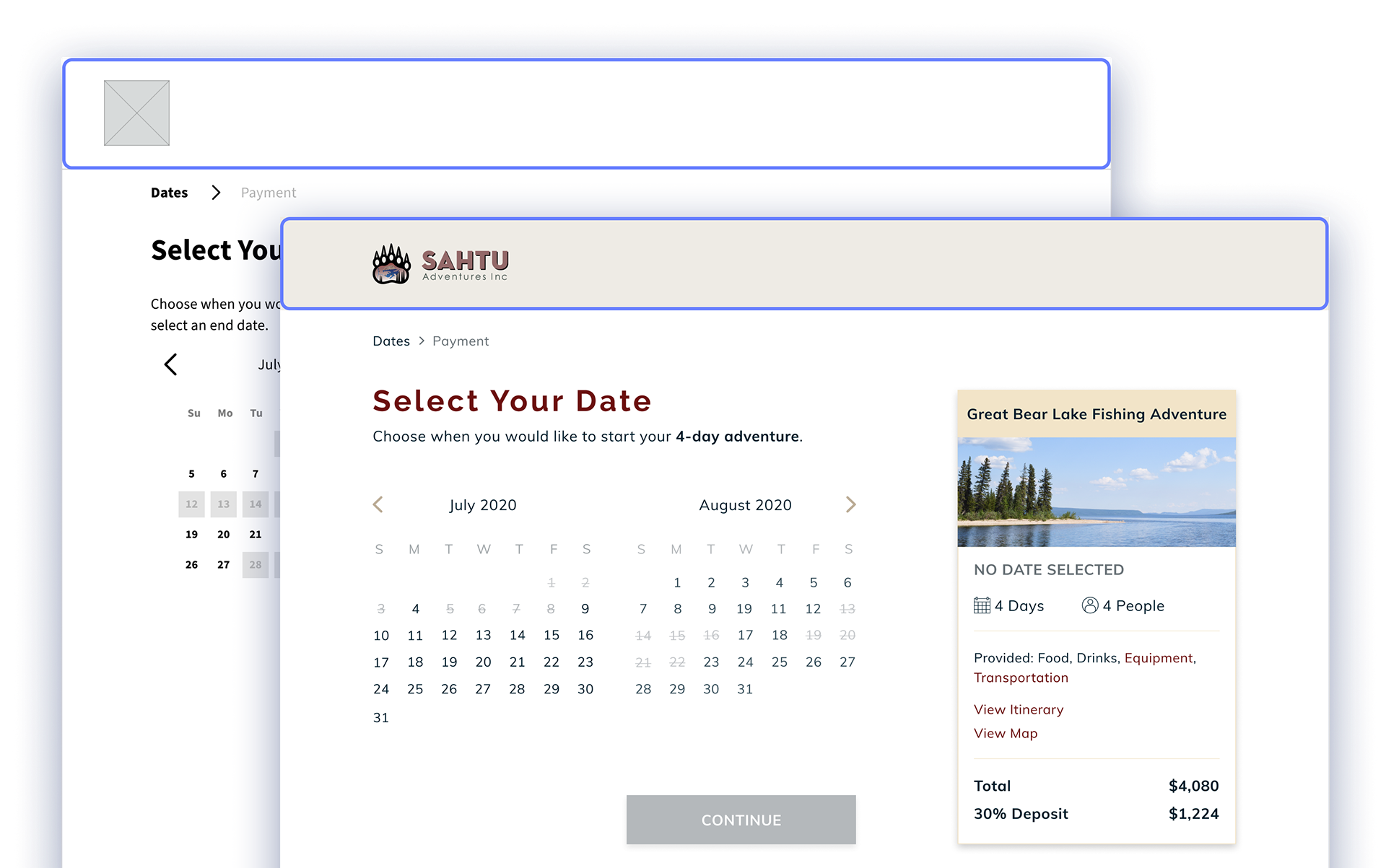 Wireframe and final screen for booking flow, highlighted the absence of the top navigation menu