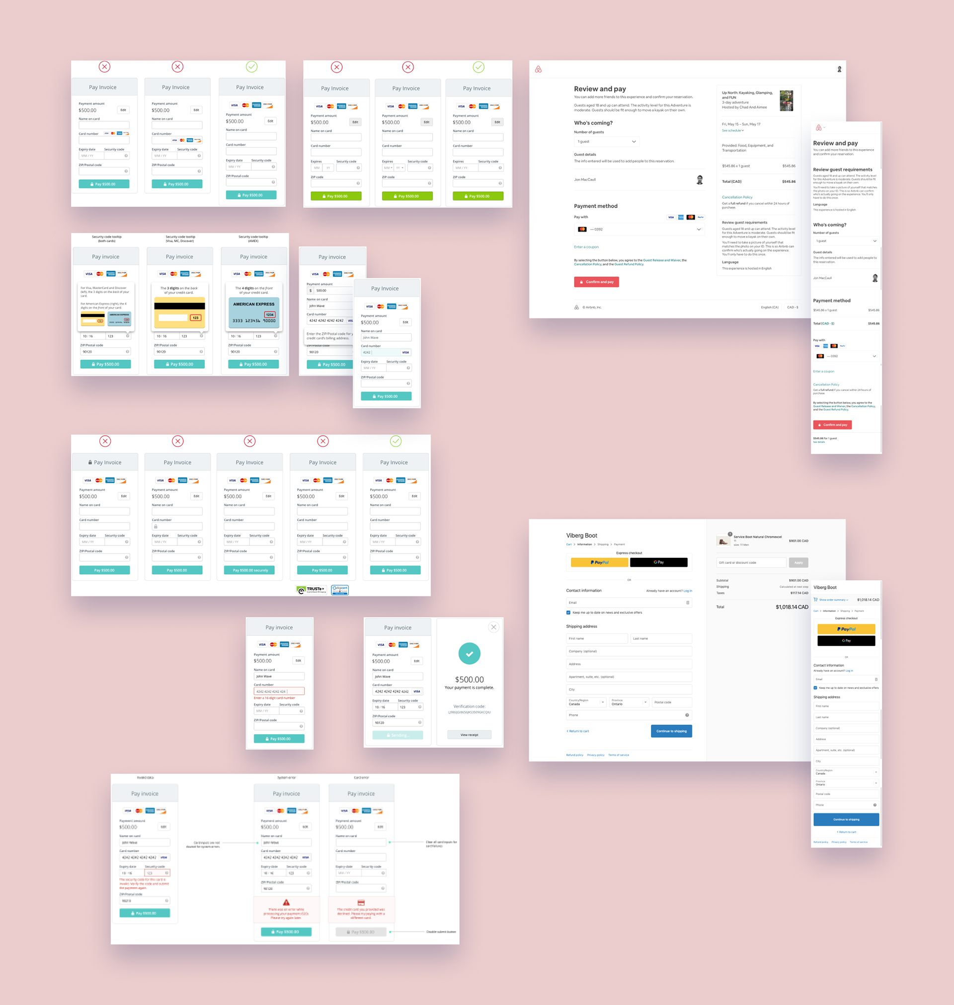Booking flow screen examples including excerpts from Airbnb and Viberg Boot
