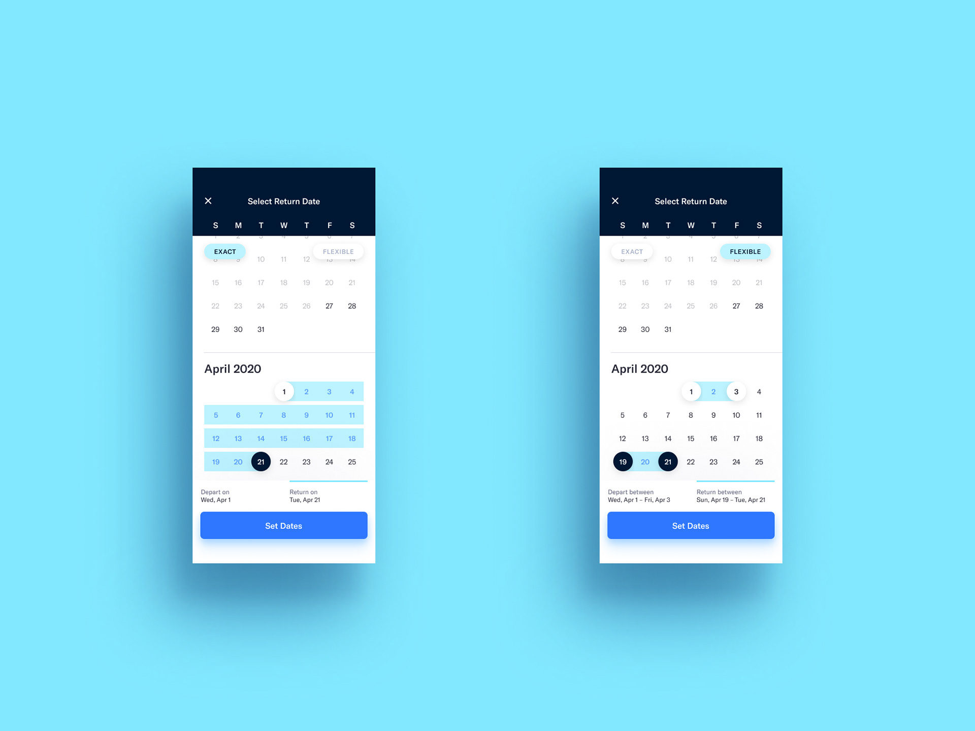 App calendar screens for departure and arrival dates