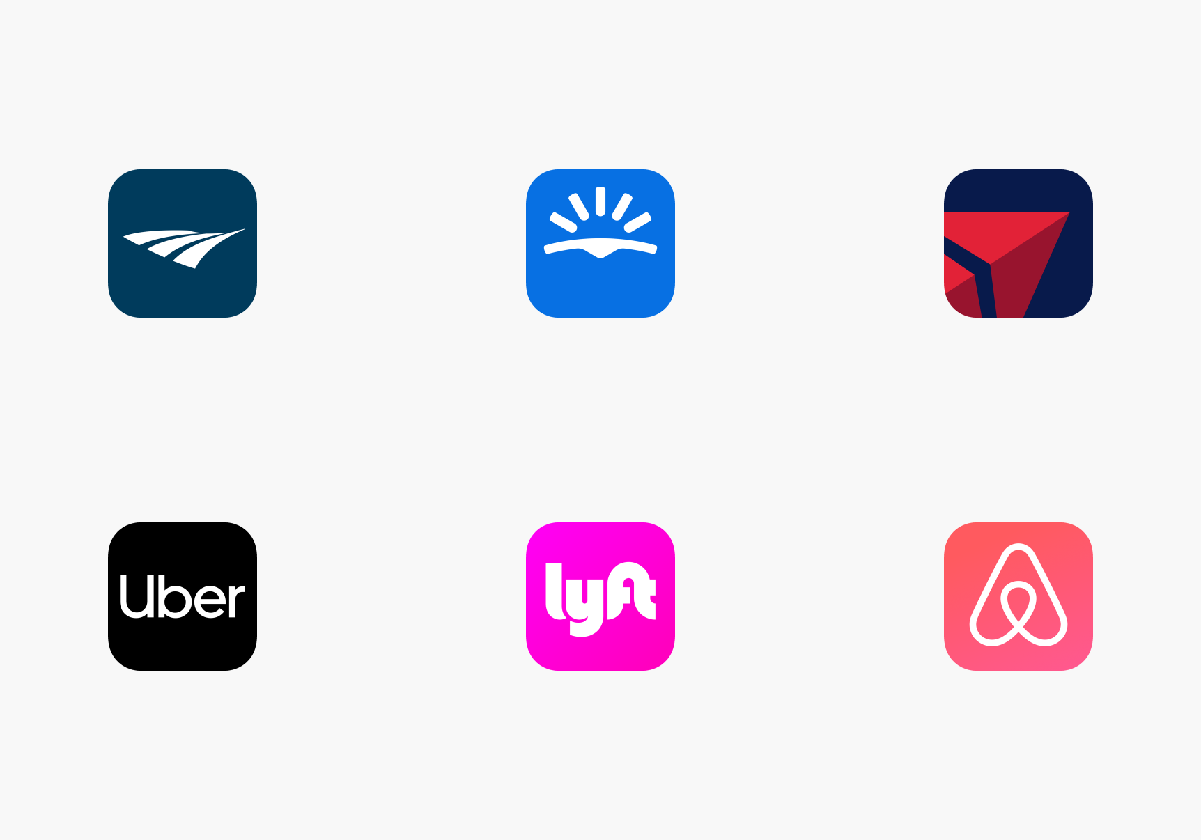 App icons for Skyscanner, Delta Airlines, Uber, Lyft, Airbnb