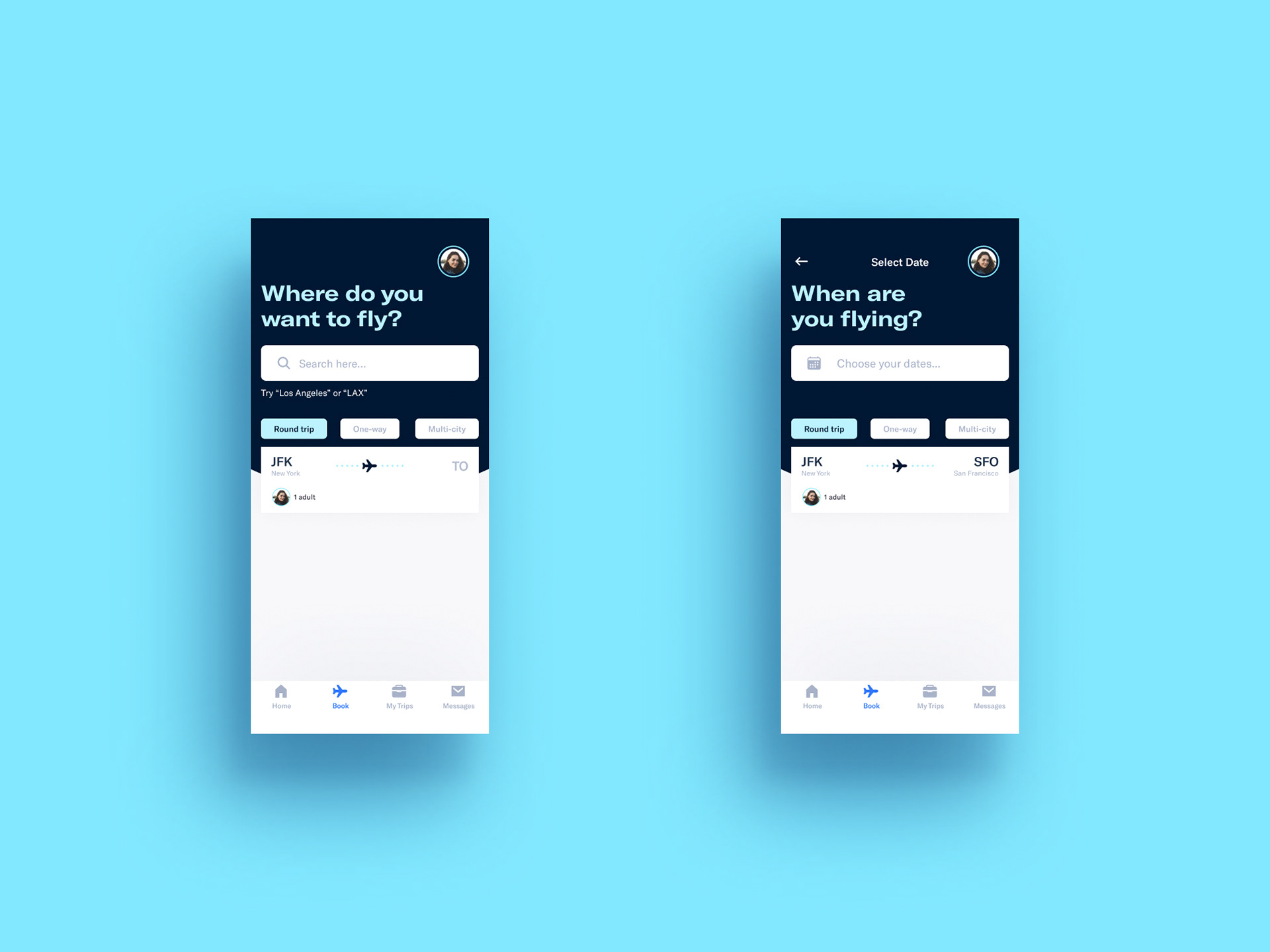App search screens for booking a flight