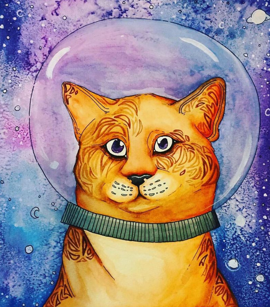 “Space Cat” | 12” x 12” | Watercolor, ink, pen, and salt