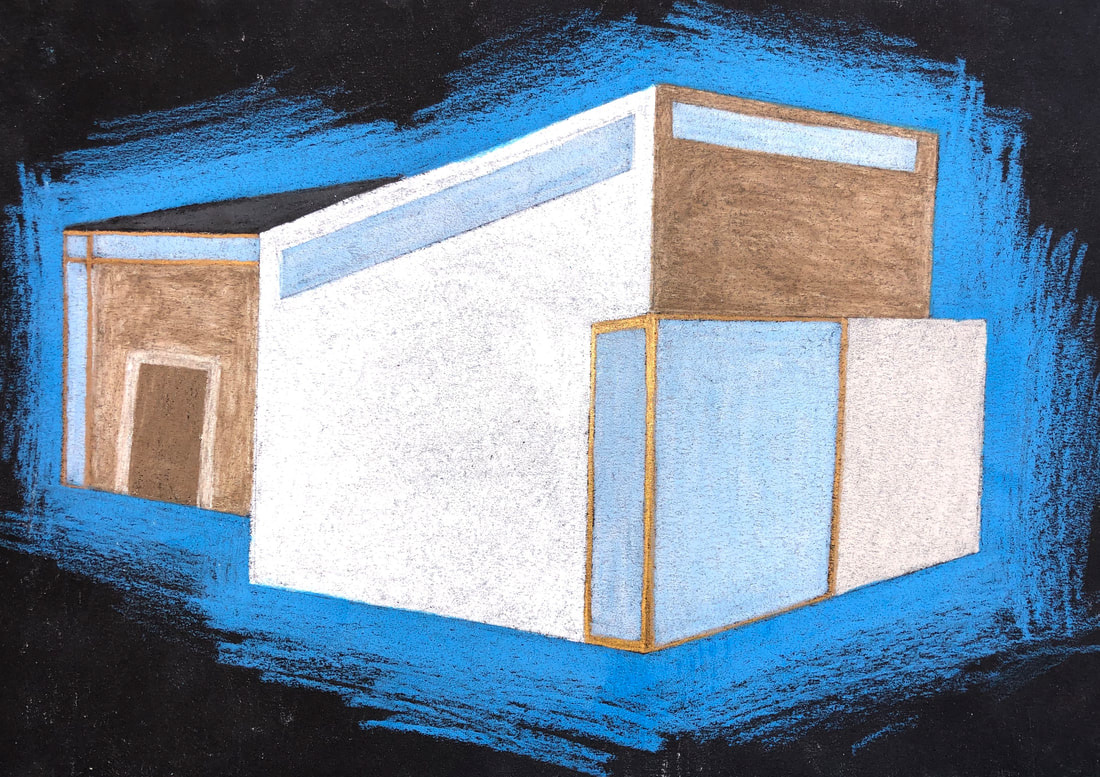 "Home for a Minimalist" | ​9” x 11” | ​Colored pencil | I was inspired by modern box architecture and I wanted to create my own model of a boxed house. 