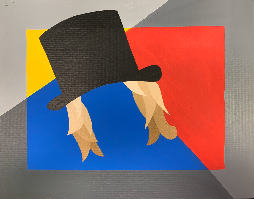 “Marlene Dietrich” | 11” x 14” | Acrylic paint and clear varnish | I created this piece to bring attention to women in history that have fought for equality. Marlene Dietrich wore a men’s tux often because women’s tuxes or suits were not made yet. With this outfit, she always wore a top hat, which I included. I think the top hat was a power move so it was big for me to include that. I also separated the painting into three main pieces because she had three main parts of her life. These parts include: growing up in Germany, living in Hollywood and being in the spotlight, and the last few years of her life she spent in solitude in Paris, France. I created the grey border to make the illusion of a movie screen because she starred in many movies.