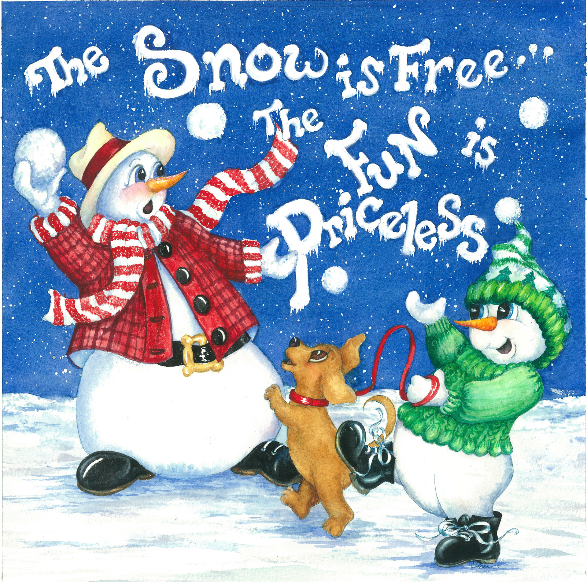 The Snow is Free - the Fun is Priceless - watercolor