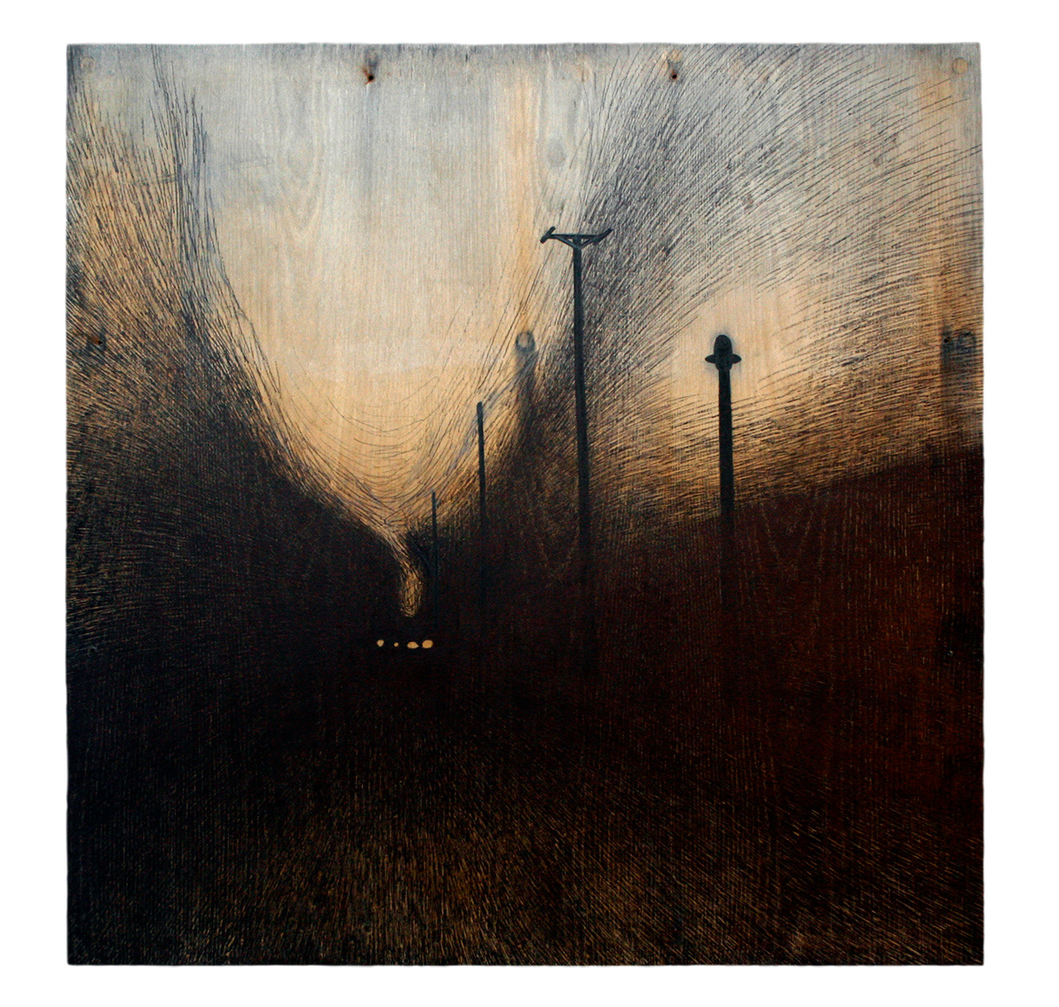 »56th Street Night«, 2010, marker on wood, 100 × 100 cm, Artwork by Lena Schmidt, www.lenaschmidt.com, Art, Wood, Drawing, Painting, Carving