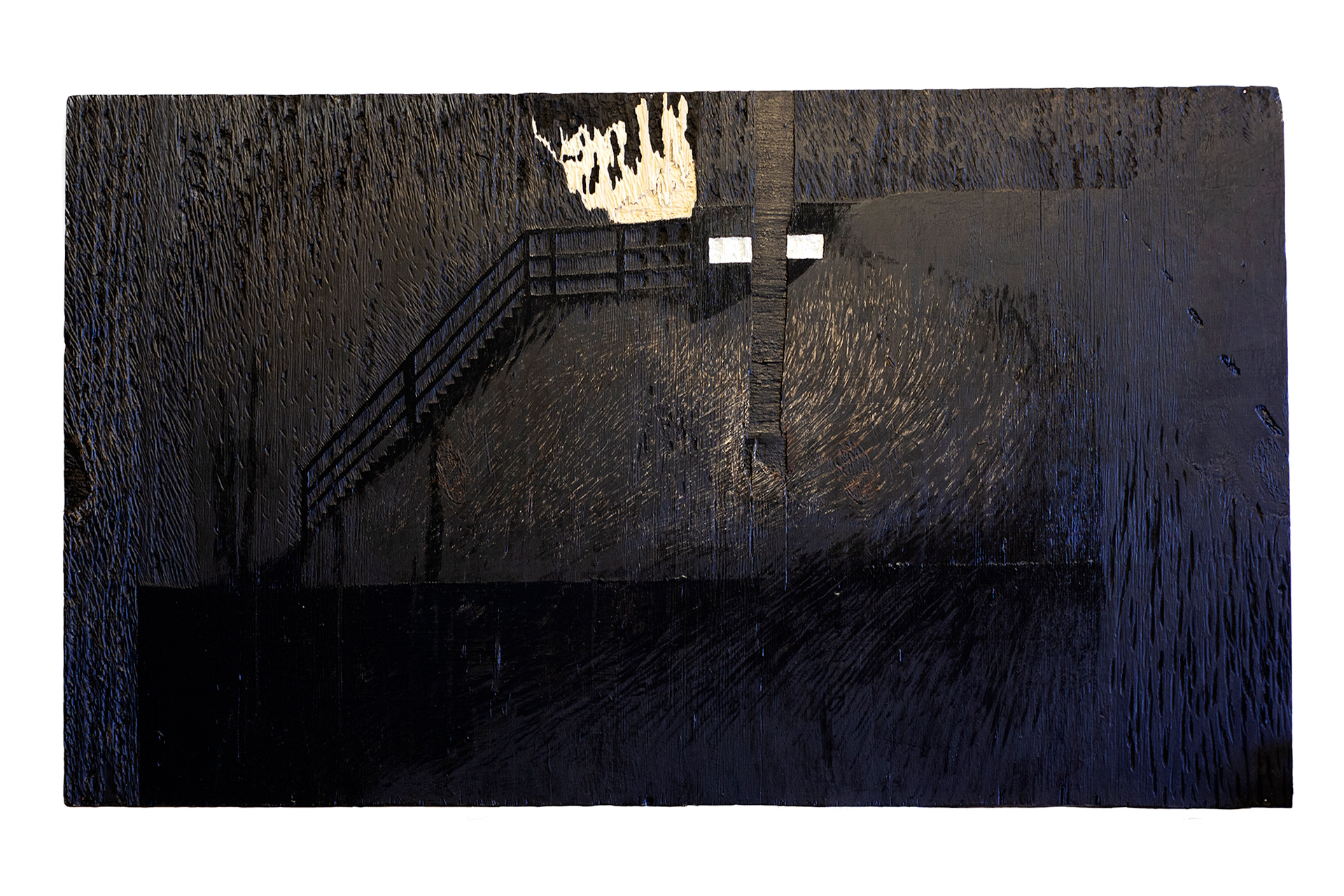 »Broken Street No. 6«, 2020, mixed media on found wood, 122 × 72 cm, Artwork by Lena Schmidt, www.lenaschmidt.com