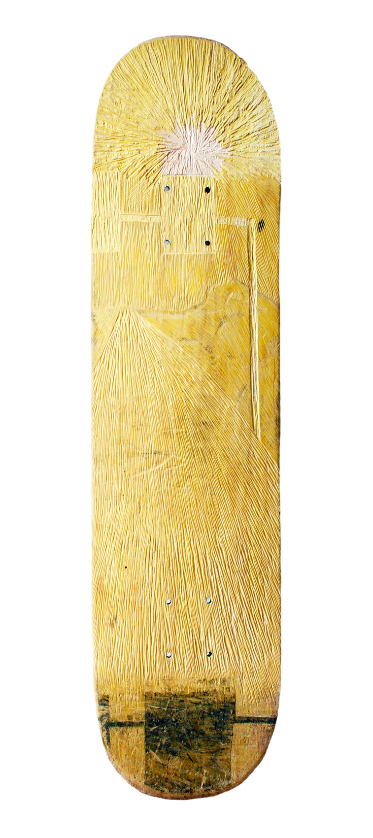 »Board No.1« and »Board No.2«, 2010, scratched into old skateboard, Artwork by Lena Schmidt, www.lenaschmidt.com, Art, Wood, Drawing, Painting, Carving