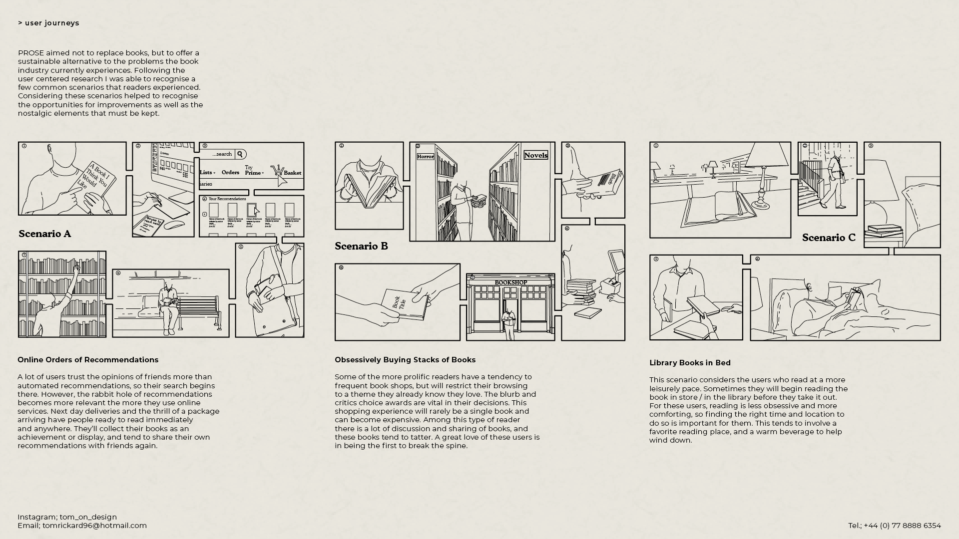 three storyboards with scenarios of the most common user journeys of typical readers