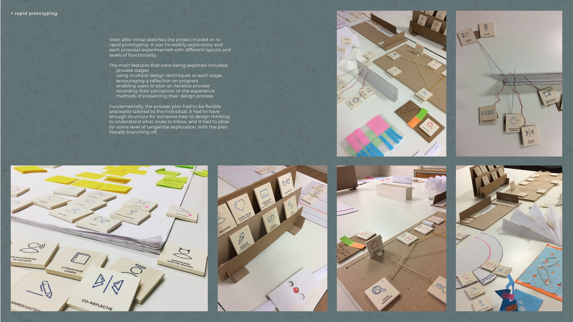 six photos of multiple card and rough prototypes of groow design thinking process toolkit
