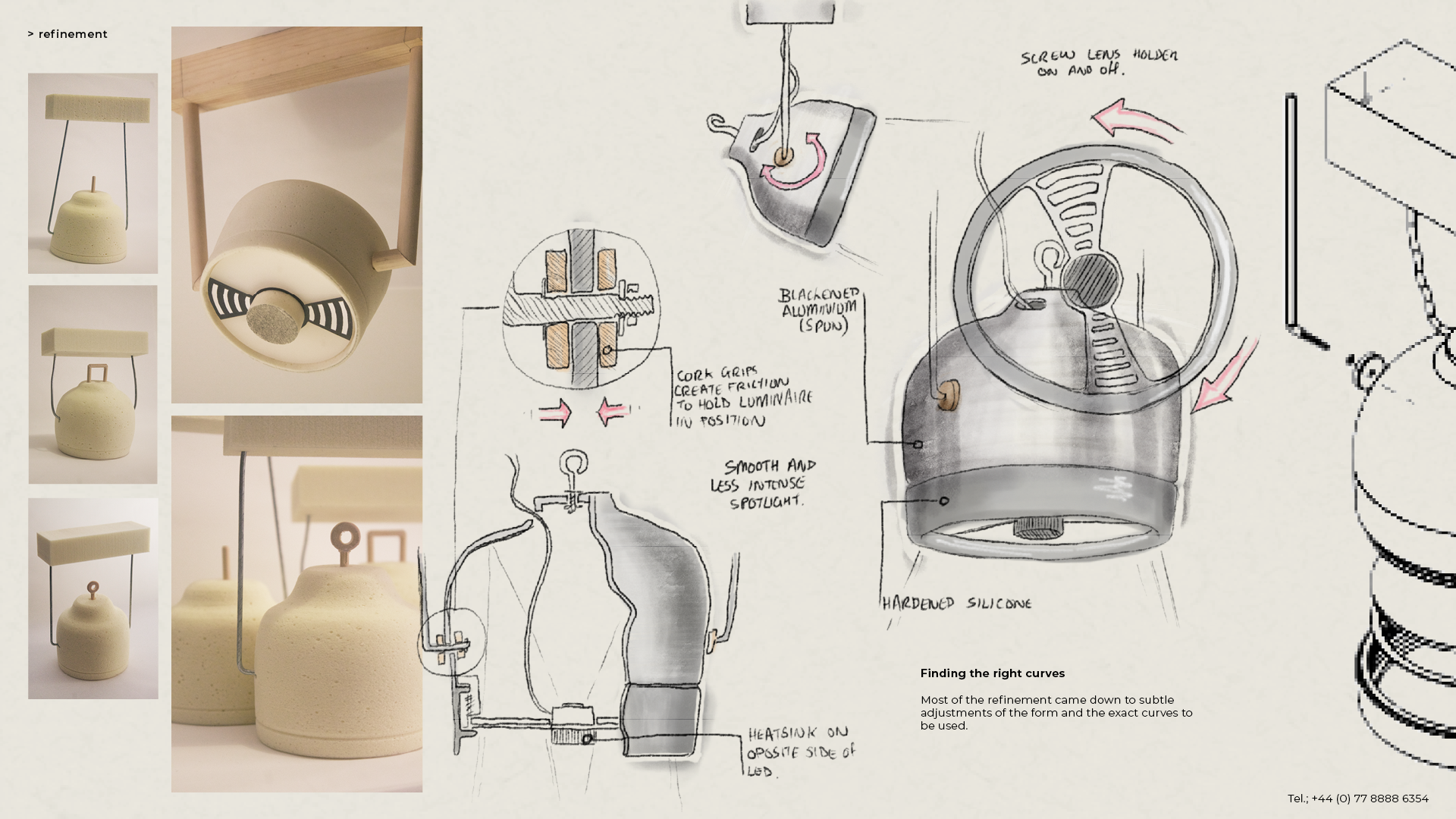 industrial design refinement of the corsair luminaire design using yellow foam models and pencil renders