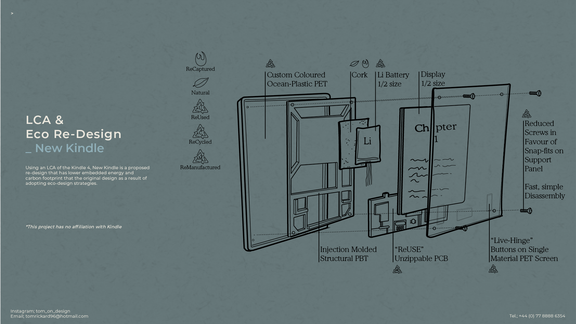 exploded diagram illustration of a new eco design kindle concept annotated with design strategies