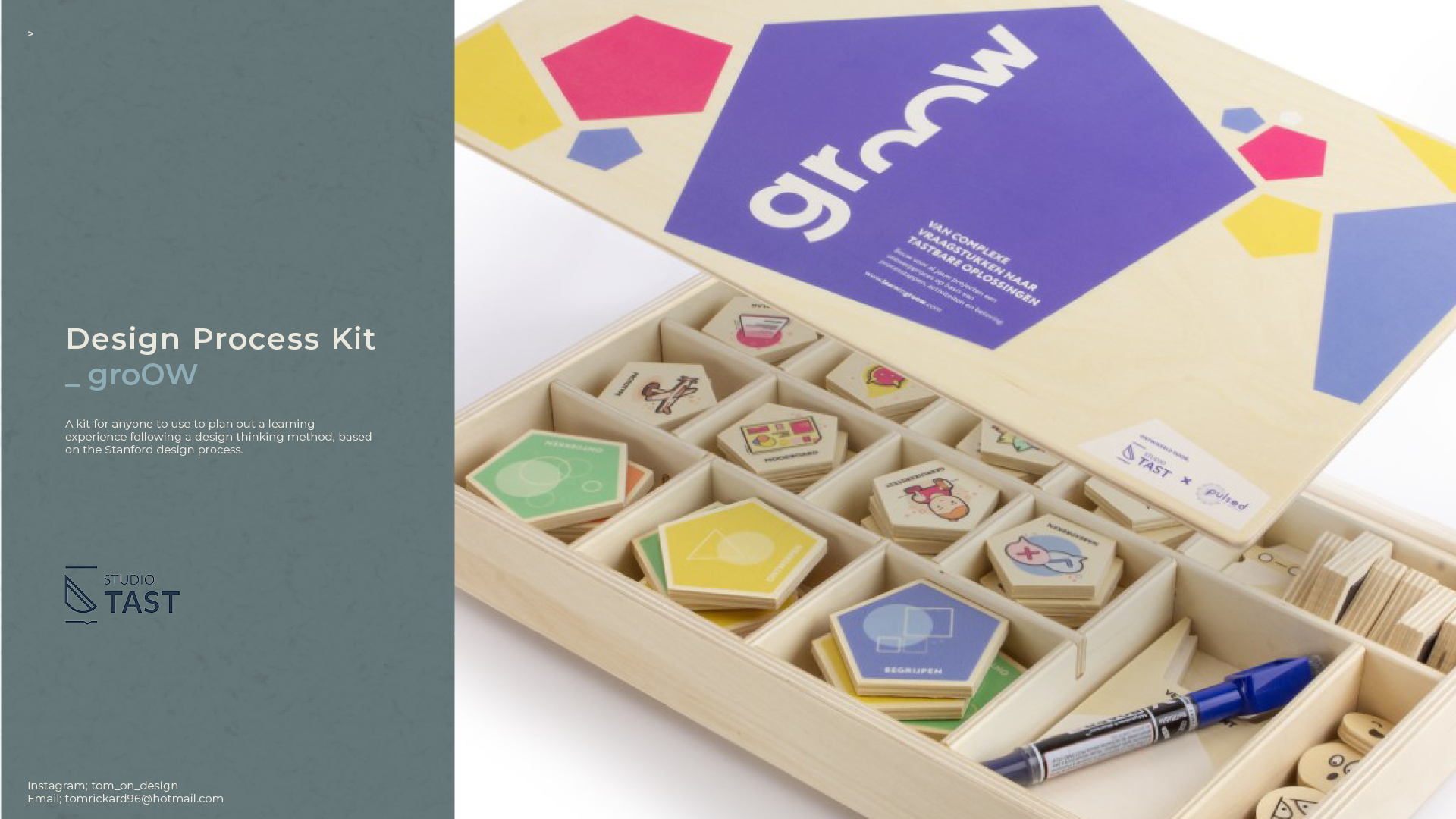 hero image of the open box of the groow design thinking process kit by tom Rickard for studio tast
