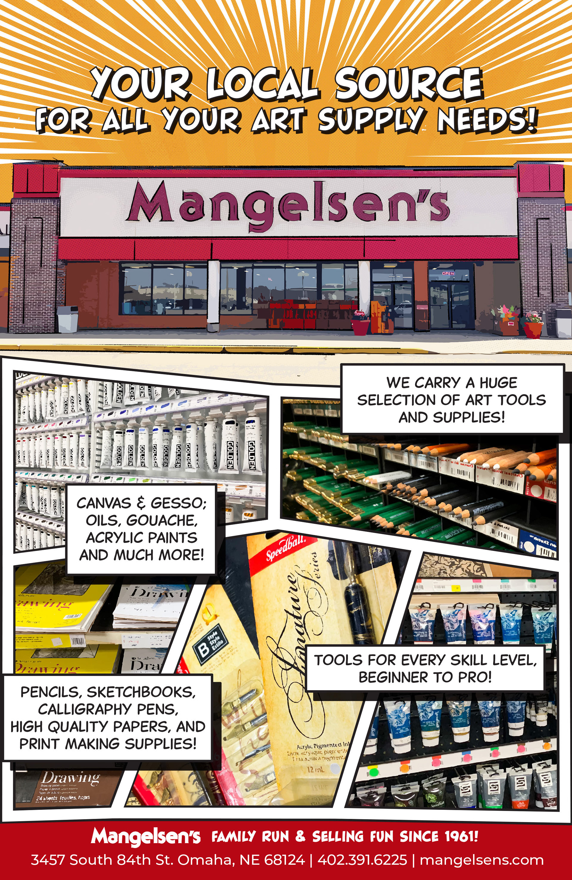 A Stylized advertisement featured in the 2020 Omaha Comix Anthology.