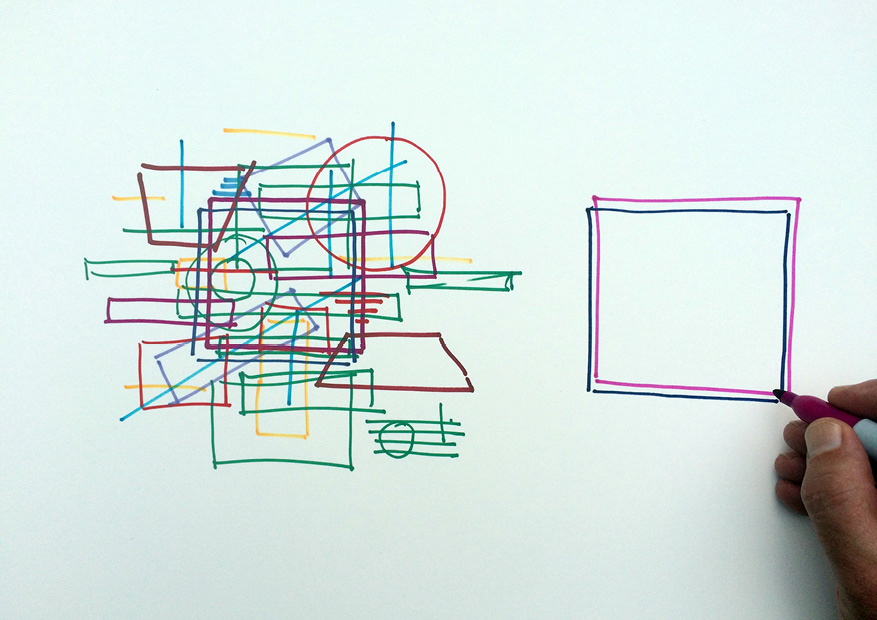 drawing showing a confused mass ov overlaid shapes and a simple square