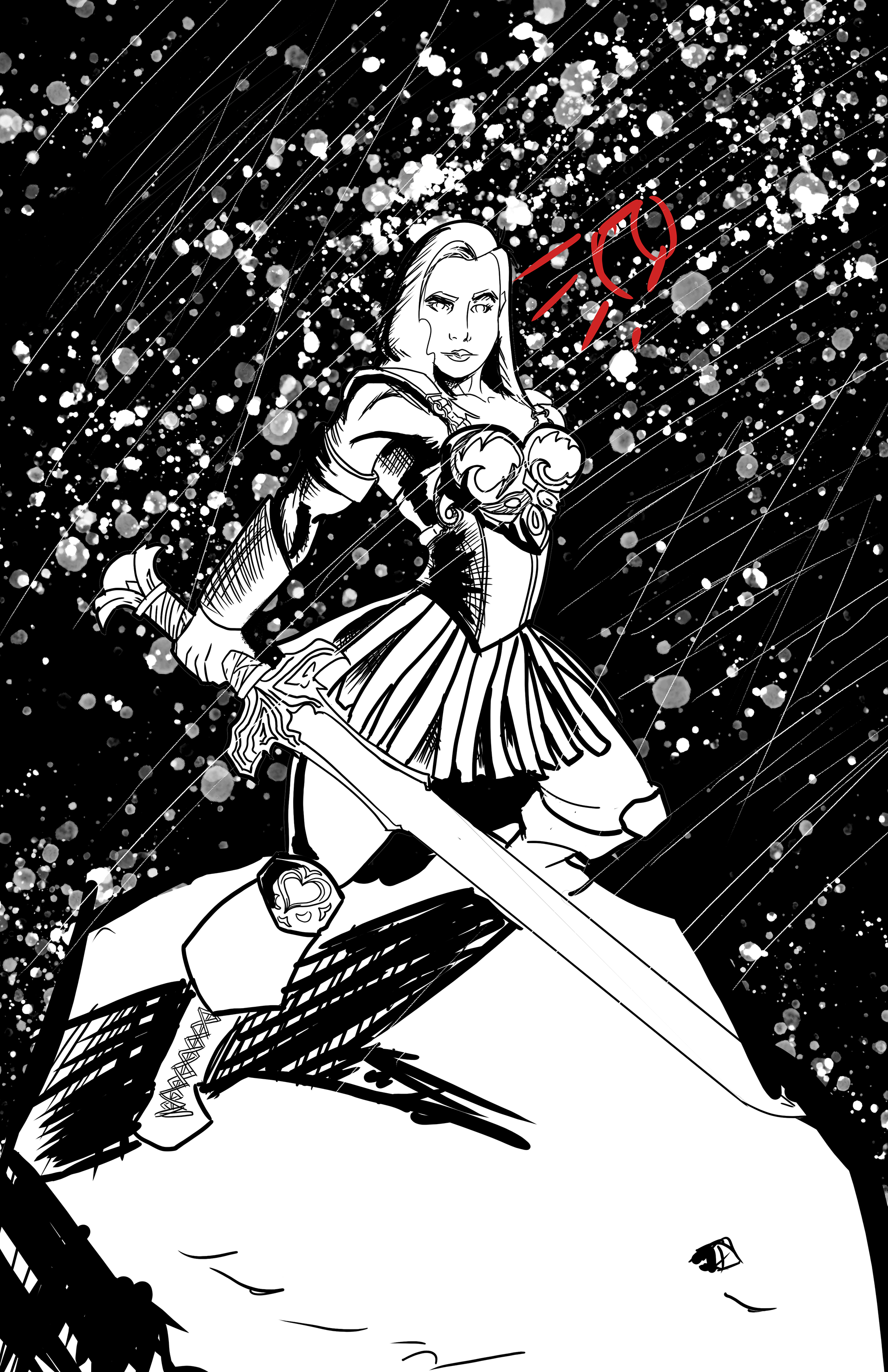 A Frank Miller Style Digital Illustration of a friend of mine as a Warrior Princess, taking heavy inspiration from Xena, her favorite fantasy character.