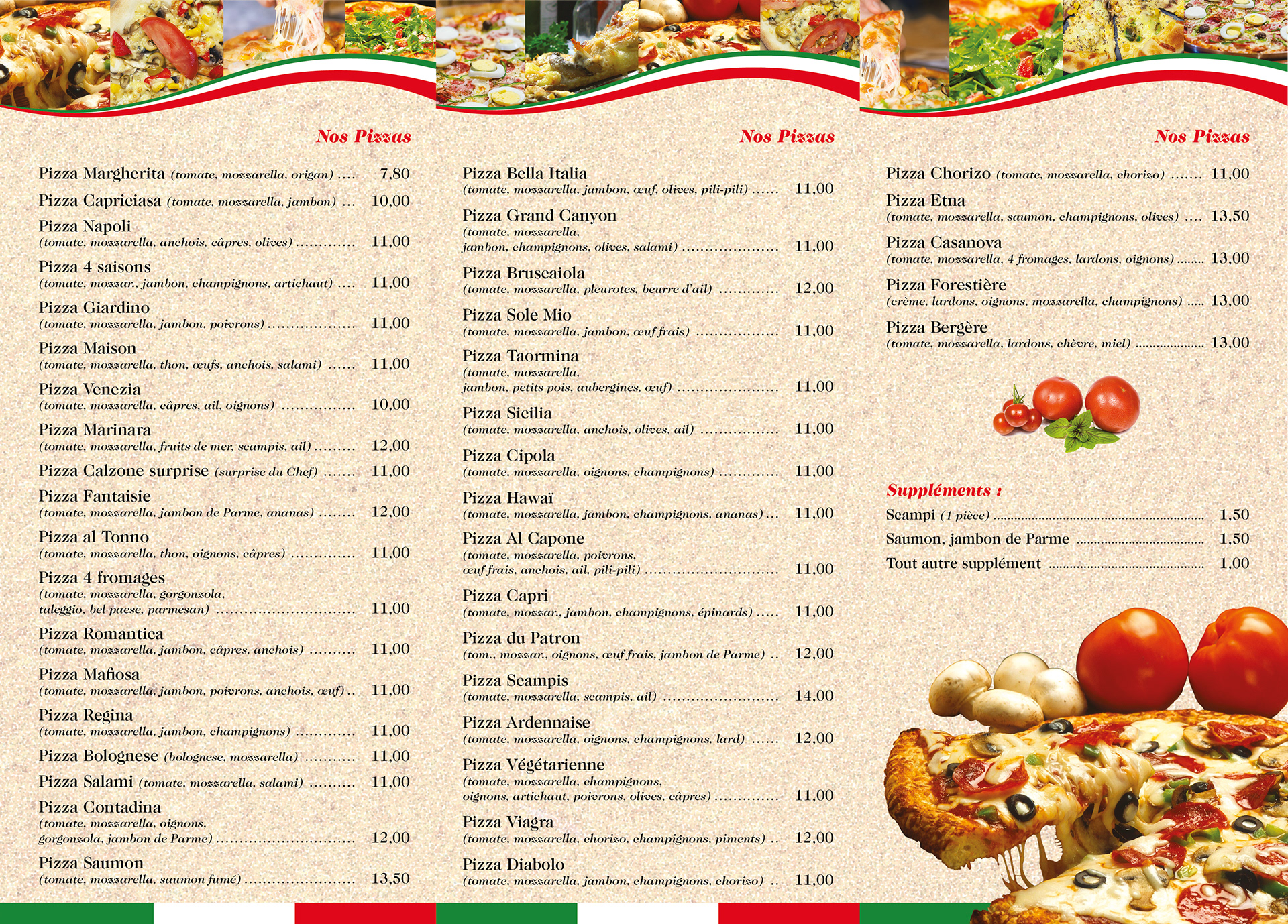 Pizzas et Suppléments
