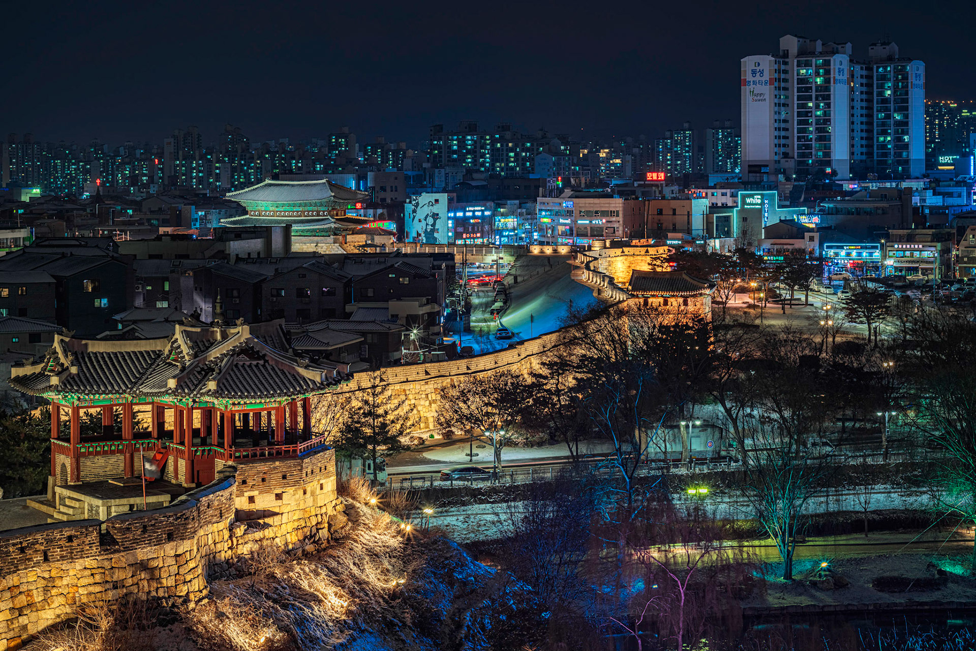 Seoul, South Korea - FEB 16 2020: Hwaseong Fortress, built from 1794-1796, is located just south of Seoul. The perimeter wall can be easily walked, giving excellent views of the fortress and the city.