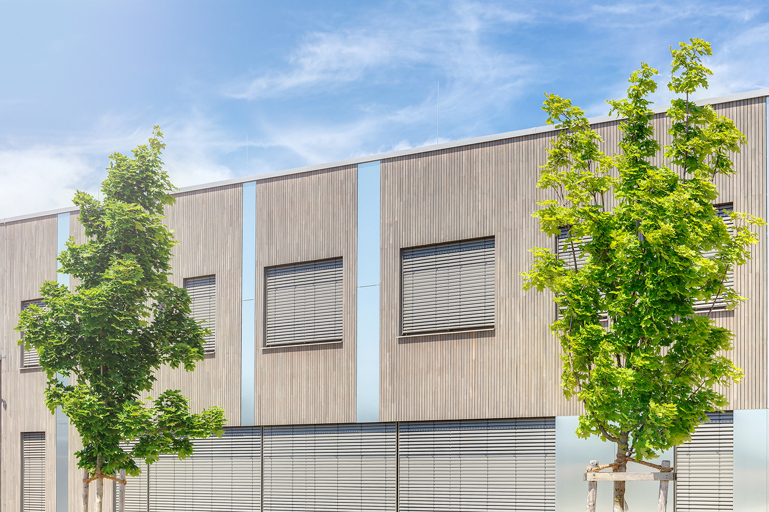 Thema: Architekturfotografie München - Passivhaus mit Holzfassade hinter grünen Baeumen - Fotograf: Jacob Kanzleiter