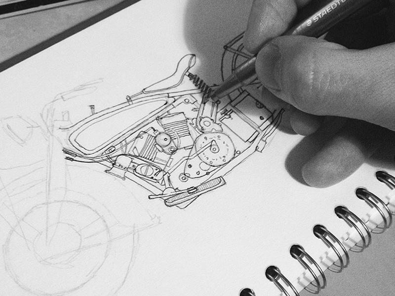 A detailed close up of the Indian motorbike in progress.