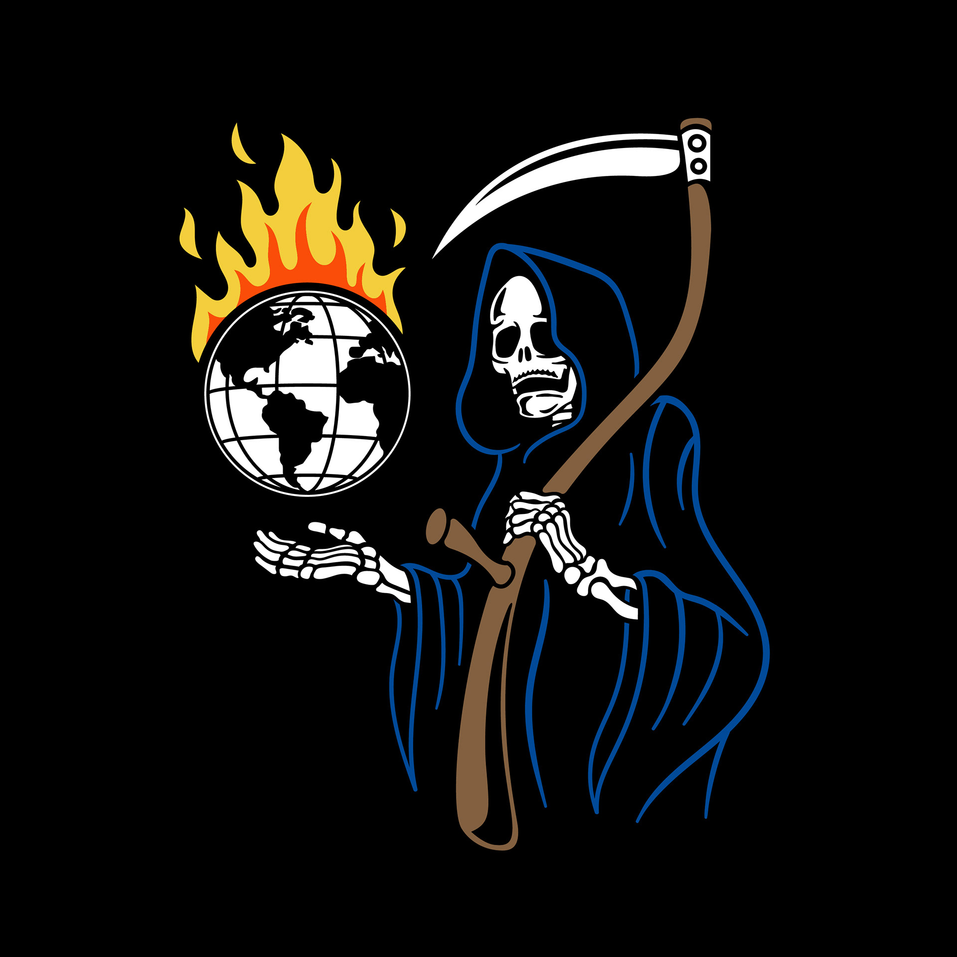 Grim reaper holding a burning world