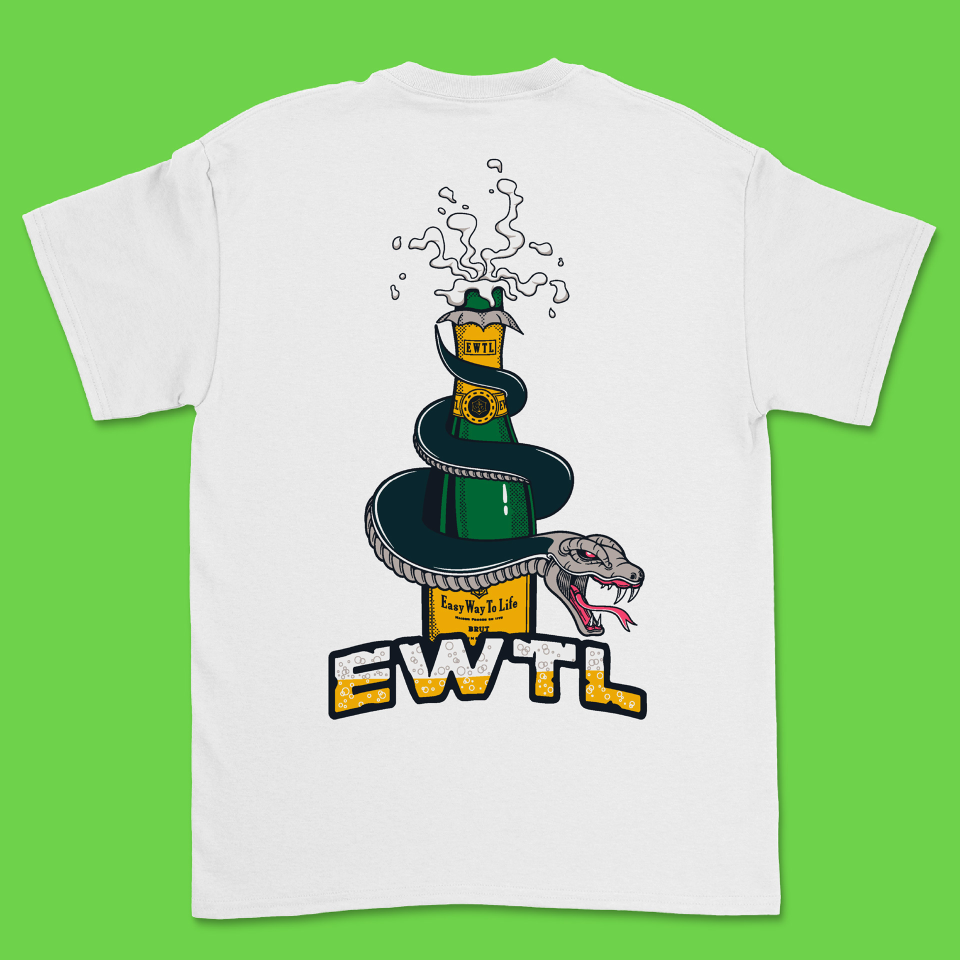 White t-shirt with a snake and champagne bottle print