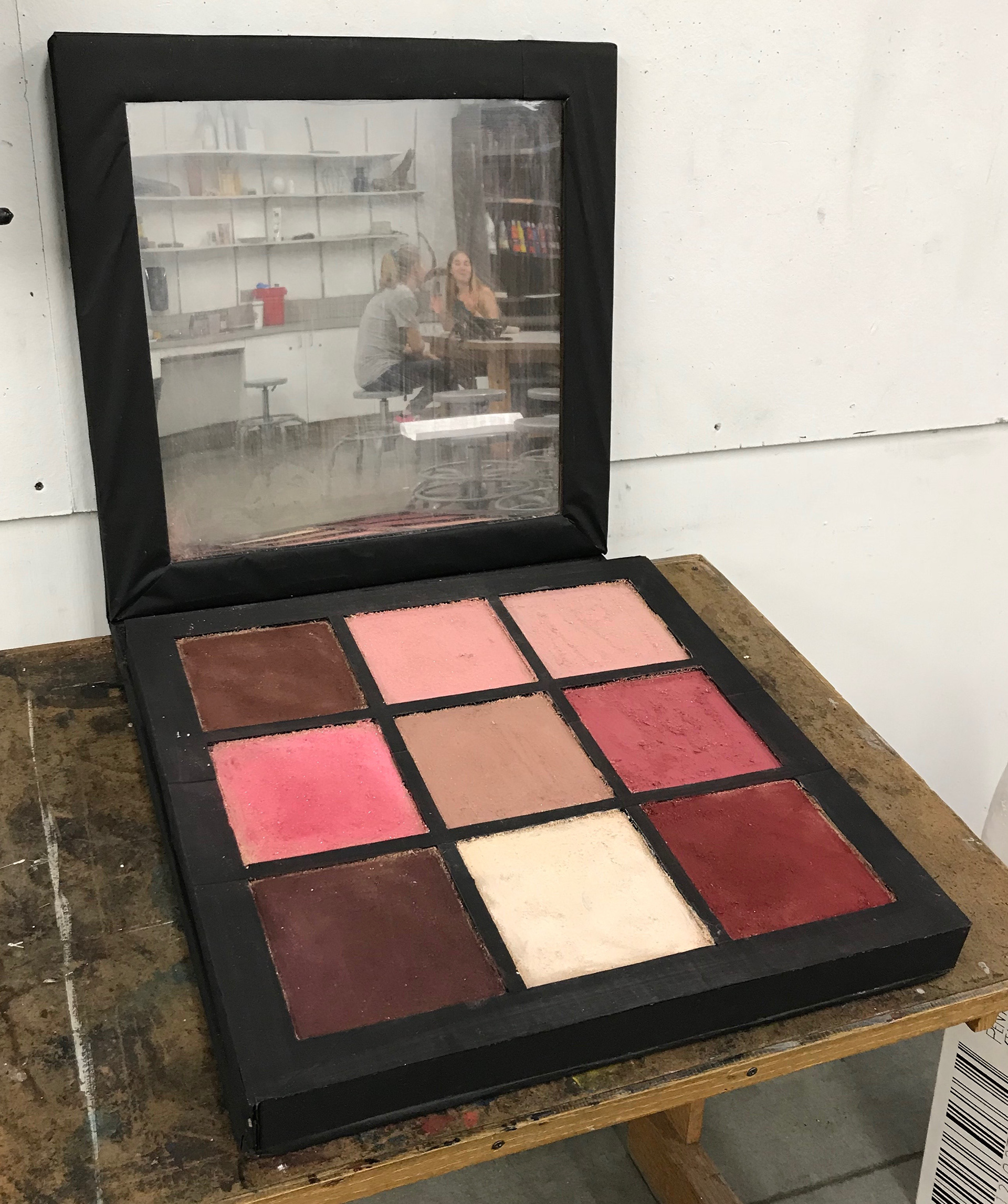 Makeup Palette, 2018, cardboard, black butcher paper, chalk pastel, oil pastel, acrylic sheet