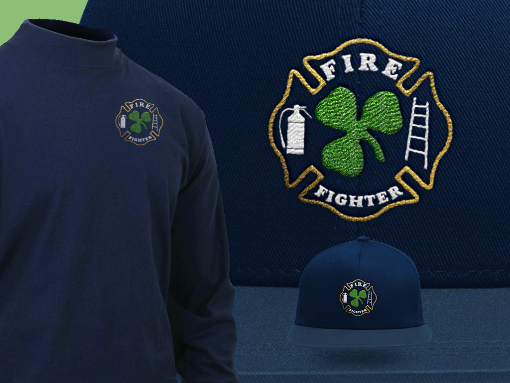 Screen Printed Irish Firefighters Embroidery symbol shirt and hat design