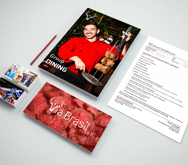 Via Brasil Steakhouse: group dining folder, contract & letterhead