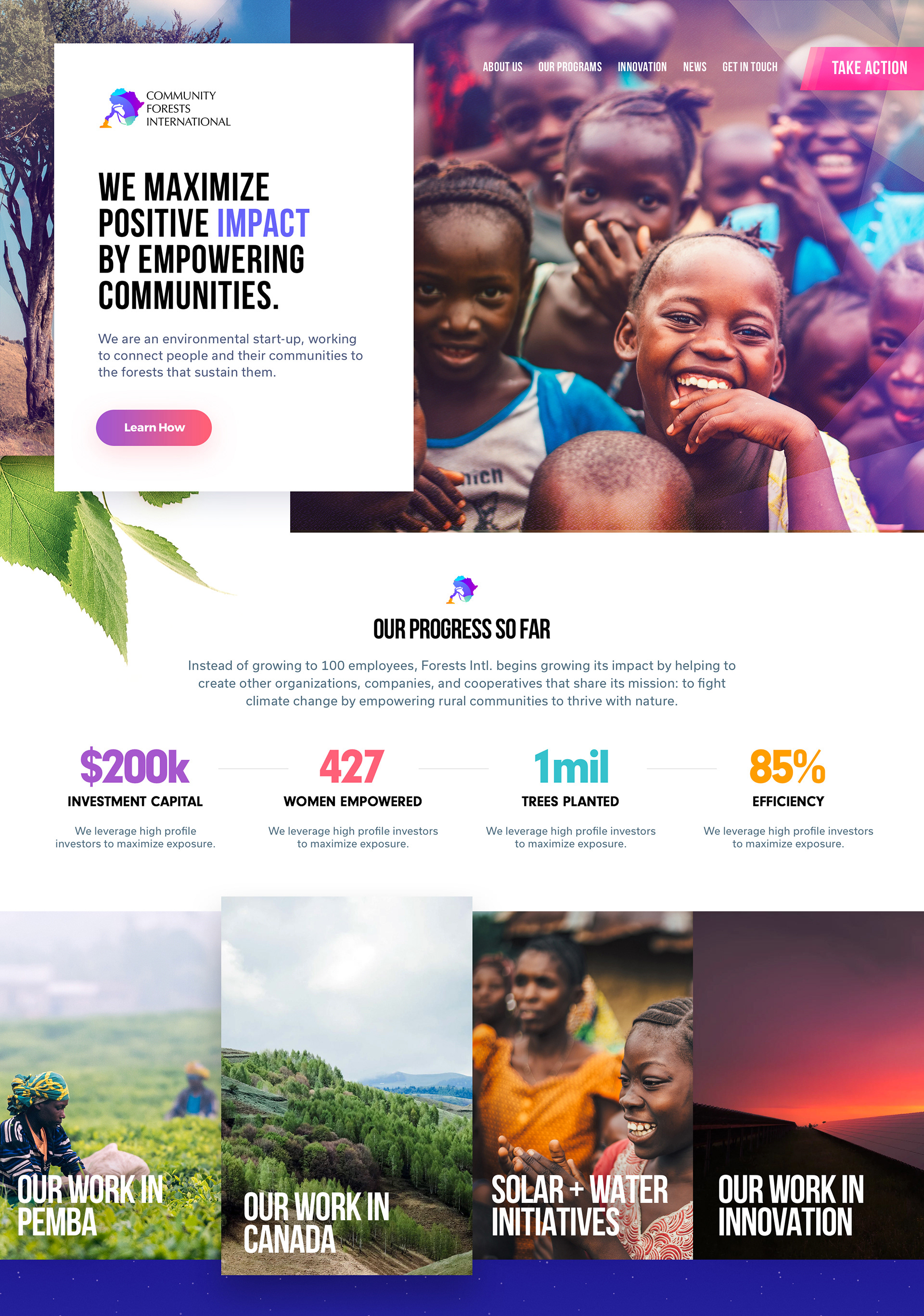 A snapshot of the Community Forests International website redesign project featuring bold typography, bright vivid visuals and custom CSS animations and user experience.