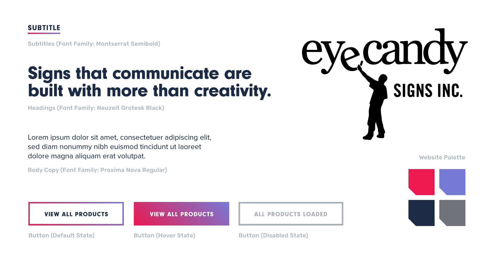 A portion of the eyecandy website redesign mood board showcasing the typography, colour palette and button styles for their website design.