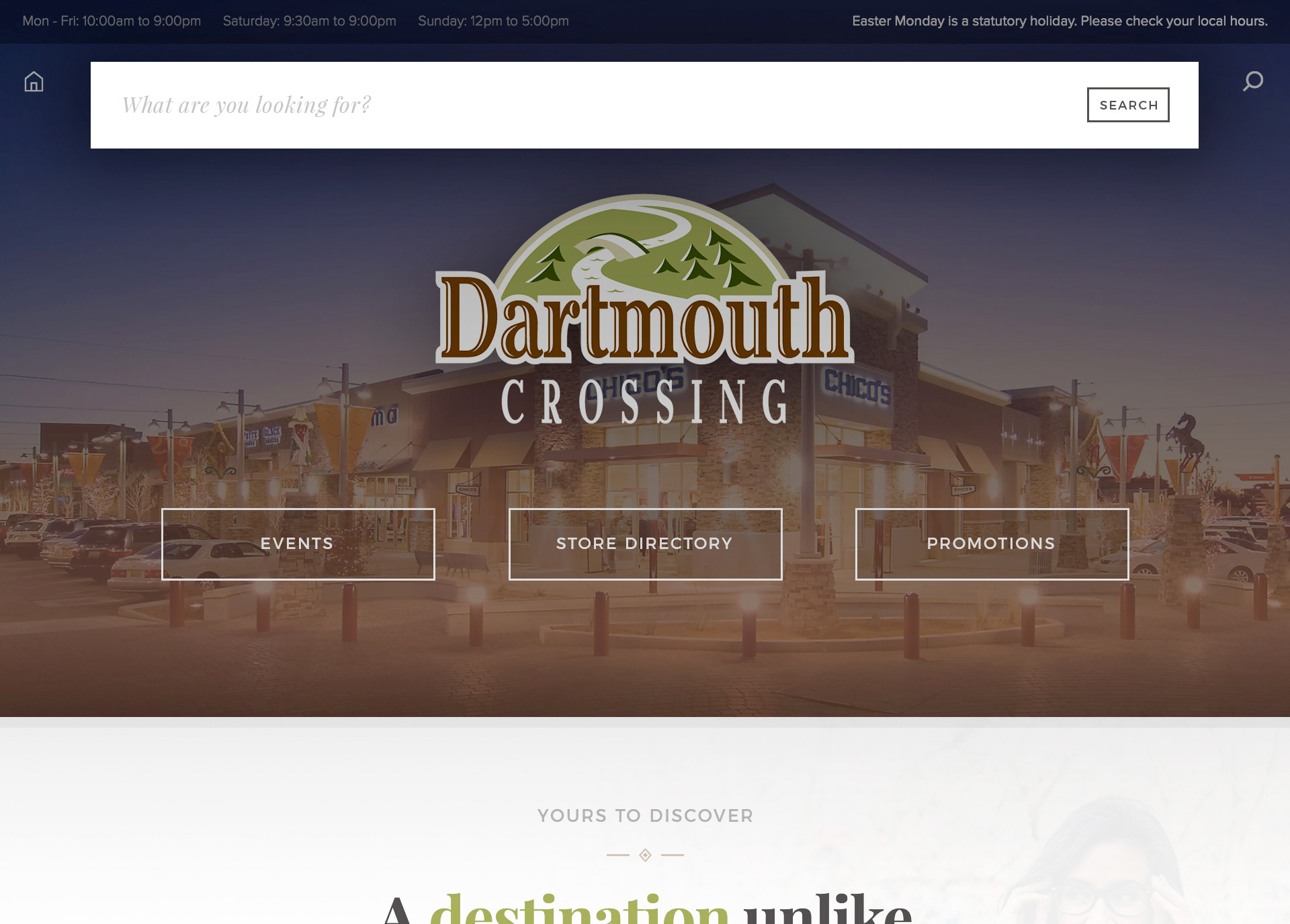 Dartmouth Crossing website redesign homepage with search feature open.