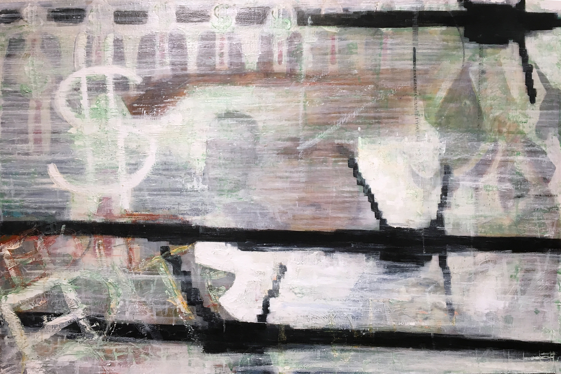 “bipartisan,” 2018, oil emulsion and pigment on panel, 31” x 51”