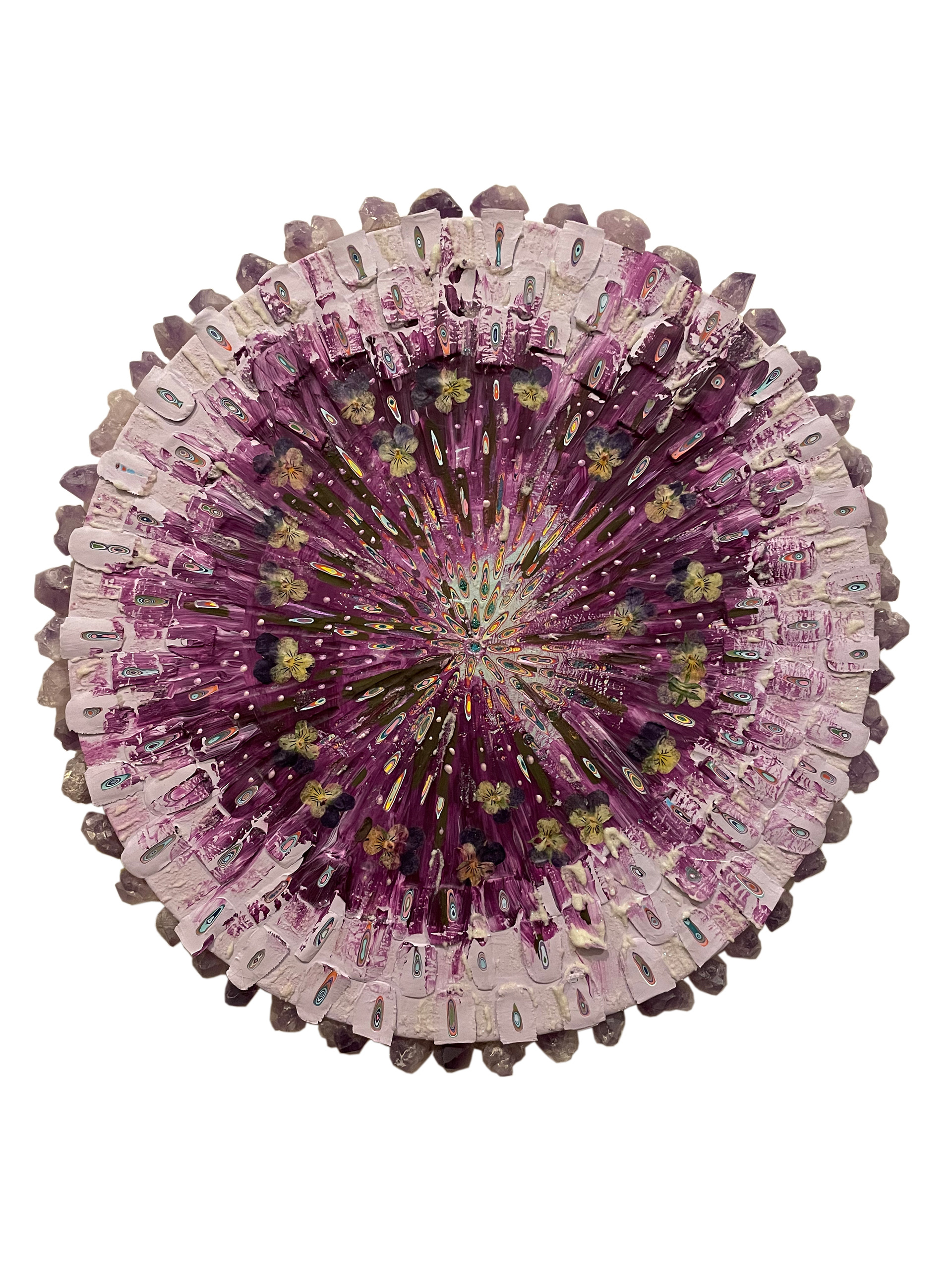 Calming Balm for NYC, 2021, 12in diameter, Mixed Medium collaged with violets adn amethyst crystals on wood