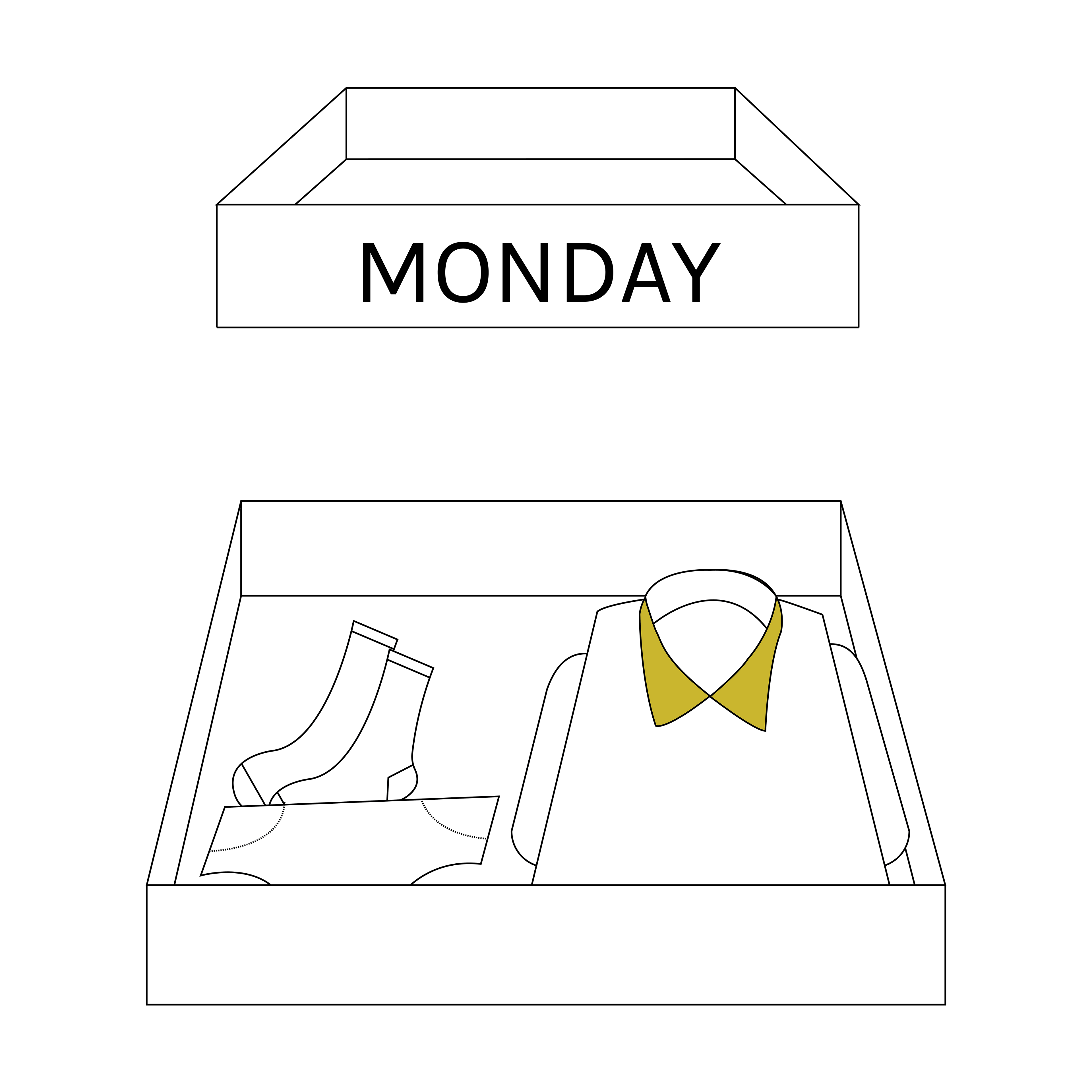 Drawer model of how clothes will be organized. Note that underwear will always be shown first