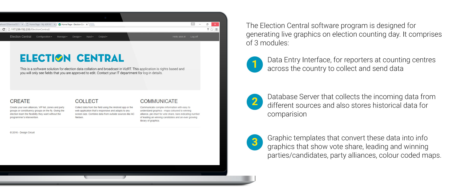 This data analysis software is designed for generating live graphics. It has a data entry interface, a database server and graphic templates.