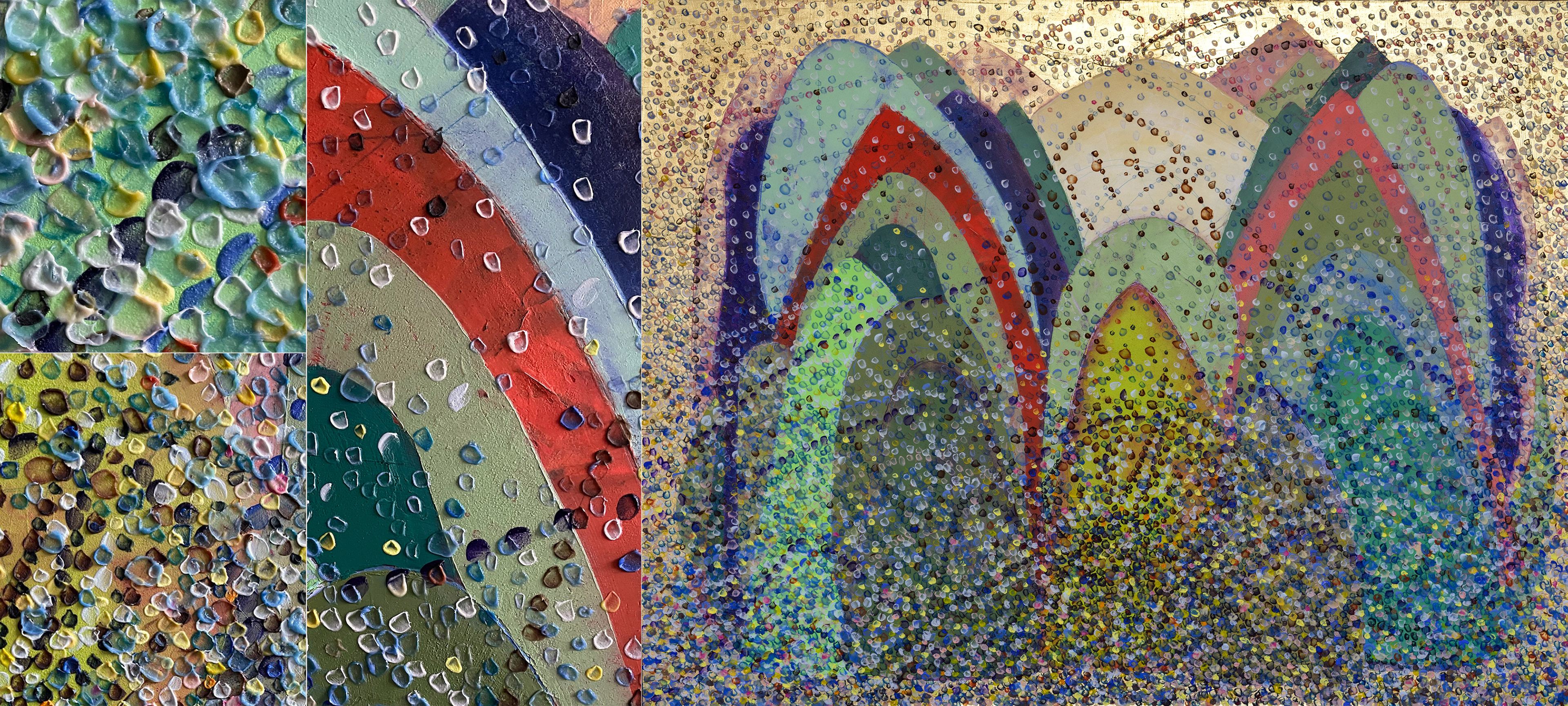 'ROSEBUDS', oil and gold leaf on canvas, 38 by 50 inches (96x127cm), 2021 It might be of innate interest to learn, how this painting’s early stage developed and eventually ended up radically metamorphing opposite style elements