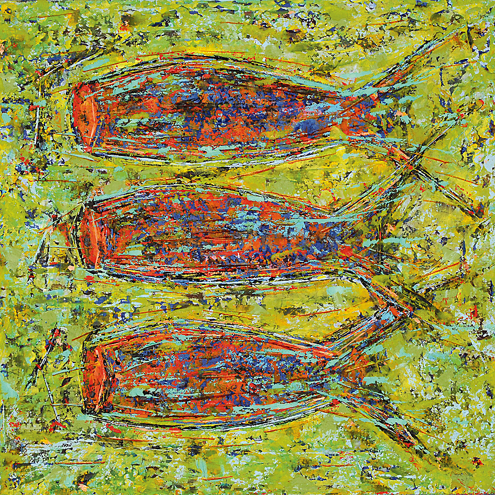TRIPLE FISH 3 oil on canvas, 30 by 30 inches, 2000, HERMANN LEDERLE