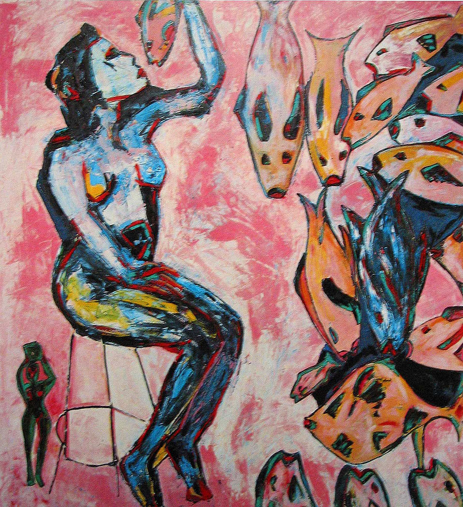 FISH EATER oil on canvas, 72 by 66 inches, 1985, HERMANN LEDERLE