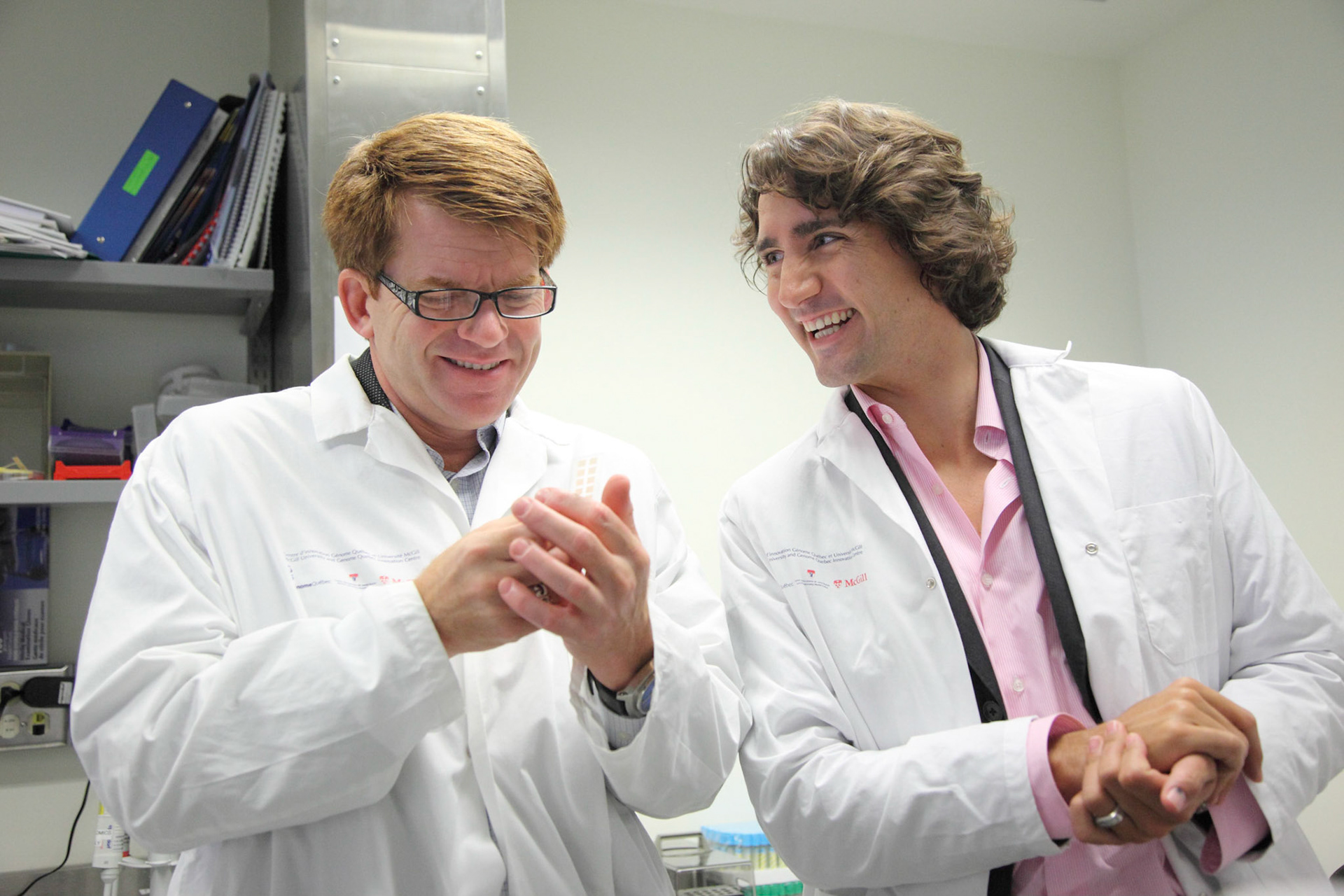 Justin Trudeau visits the lab of McGill Professor David Juncker, October 2011.  At the time he was MP for the Montreal-area Papineau riding. 