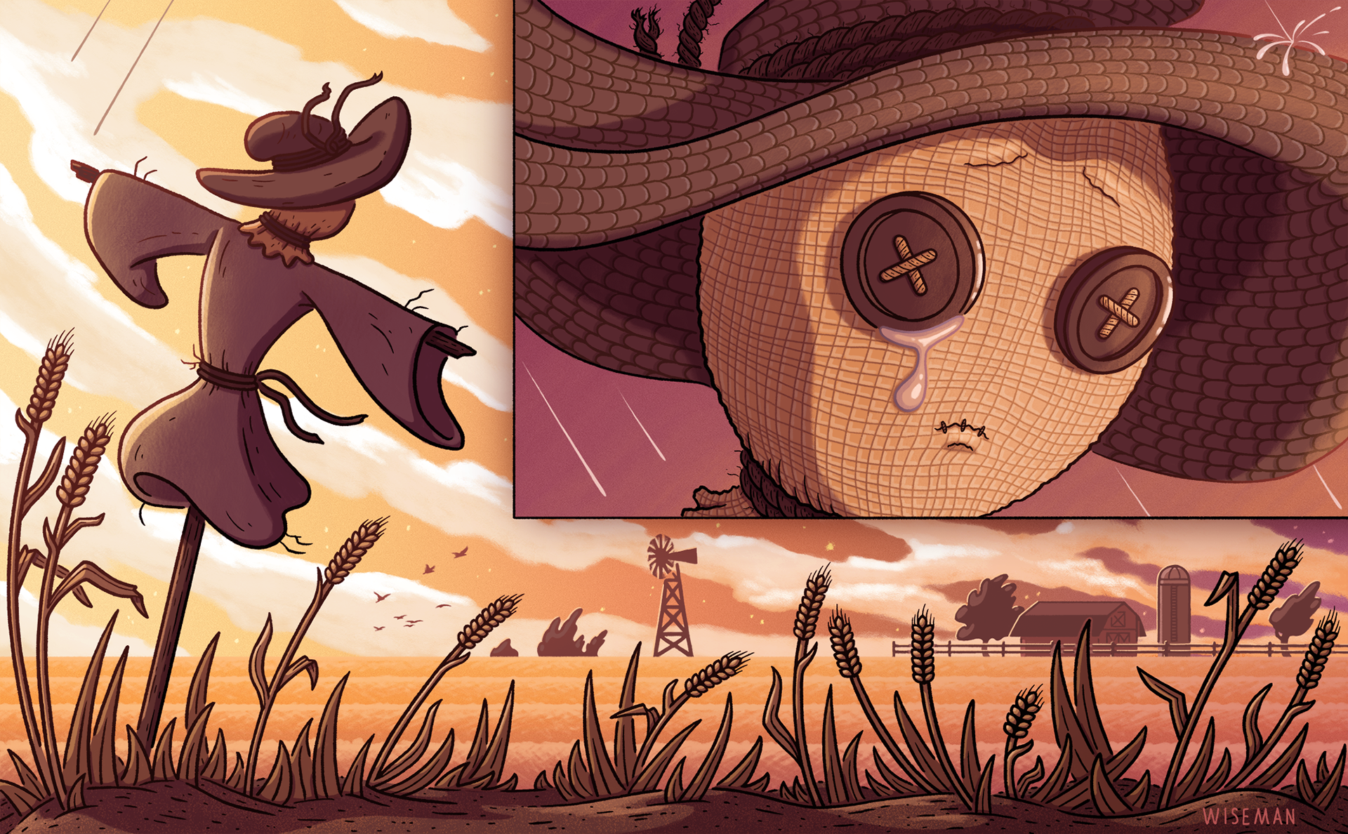 A scarecrow sheds a tear while looking across a giant wheat field.