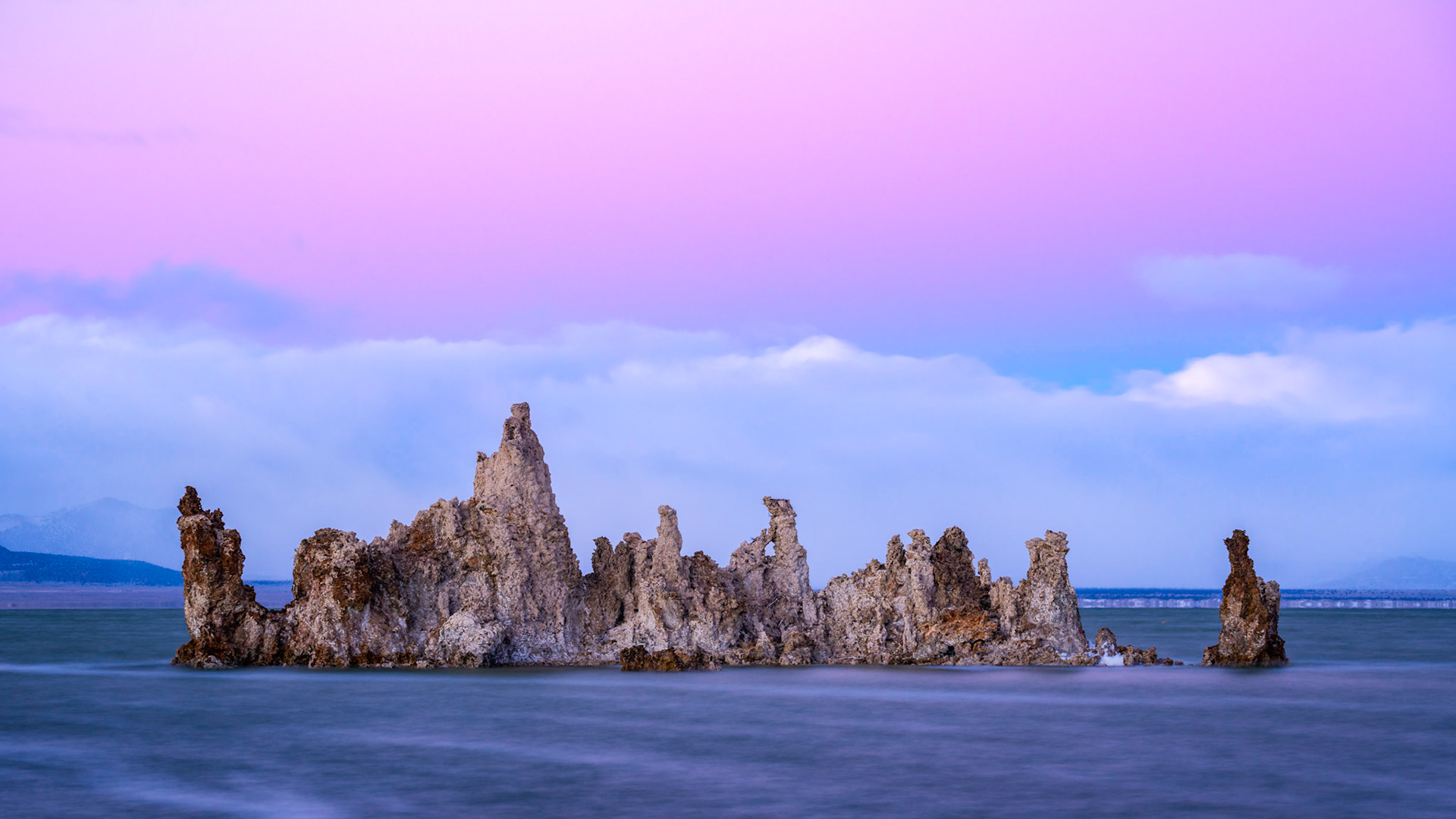 The Mono Lake Tufas and Mono Lake during sunset in the winter.