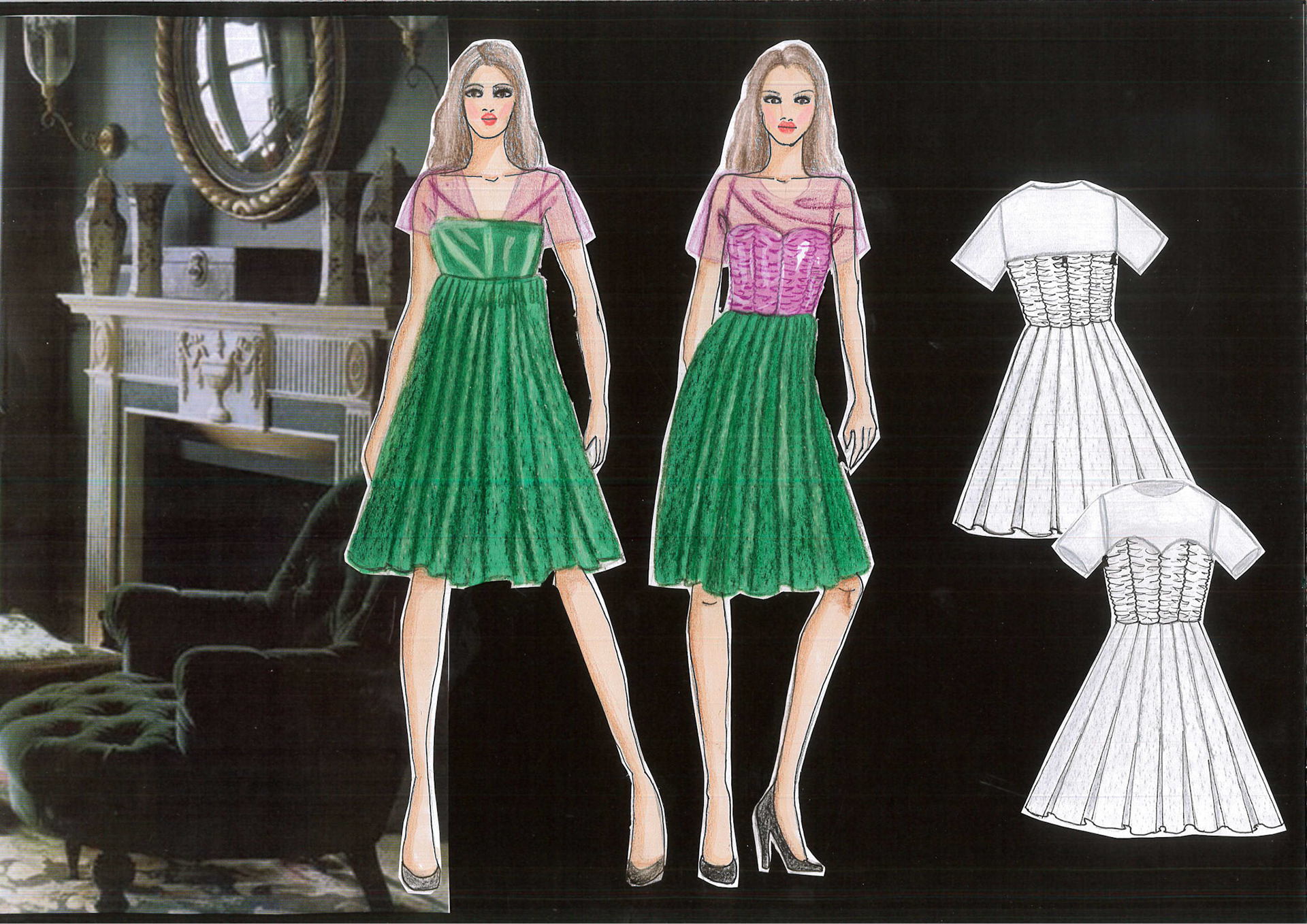 Velour and organza rendering with hand drawn flats