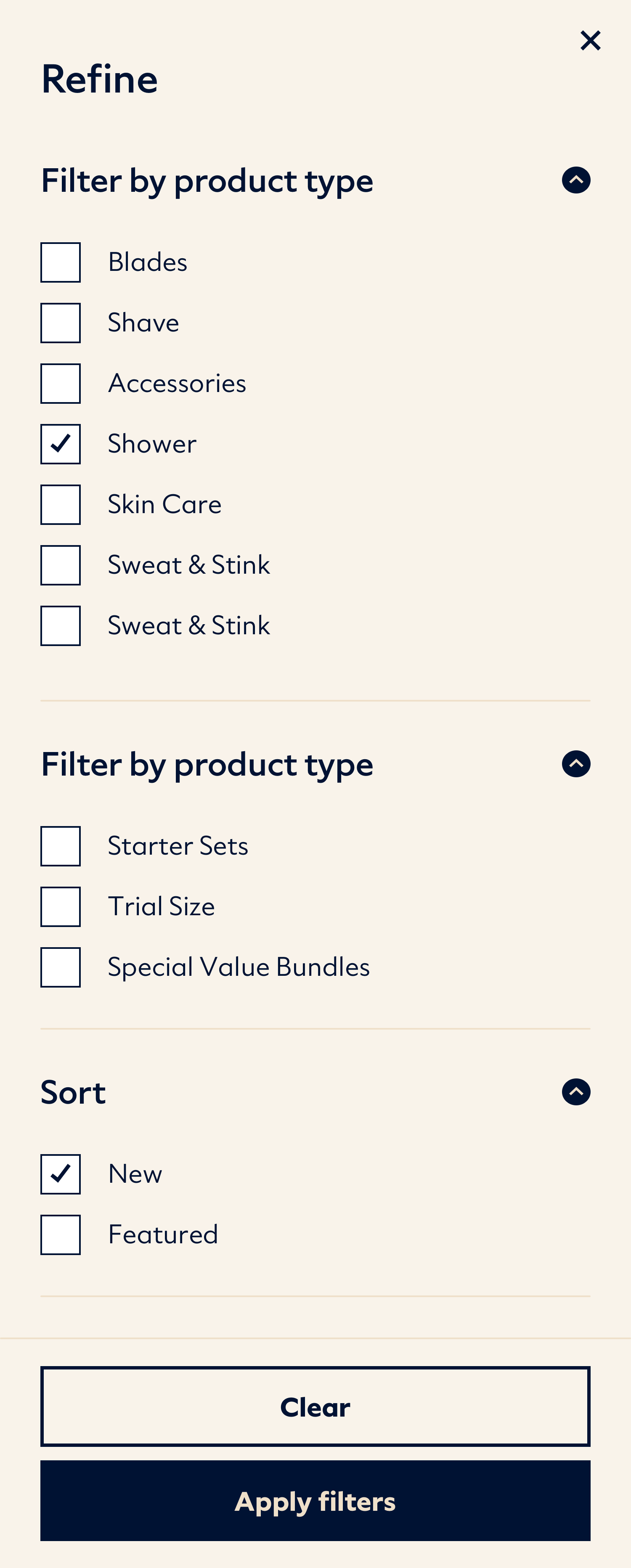Add left aligned checkboxes for categories, improved scannability of categories, section out categories from product types and sort types.