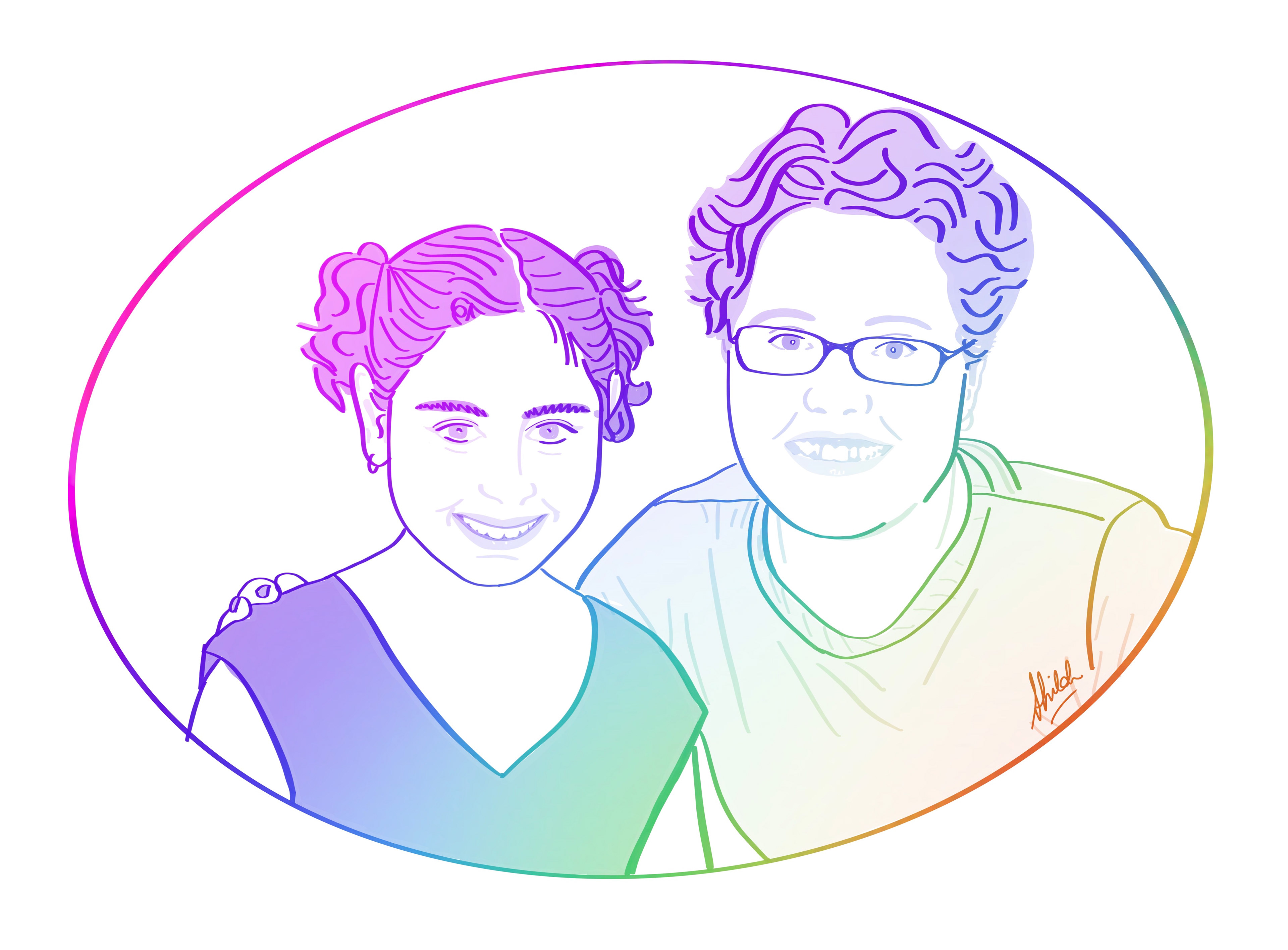 My ME/CFS Support Superstars: Rebekah Maksoud (NCNED Scientist) & Shiloh in 2007. Drawn 2020.