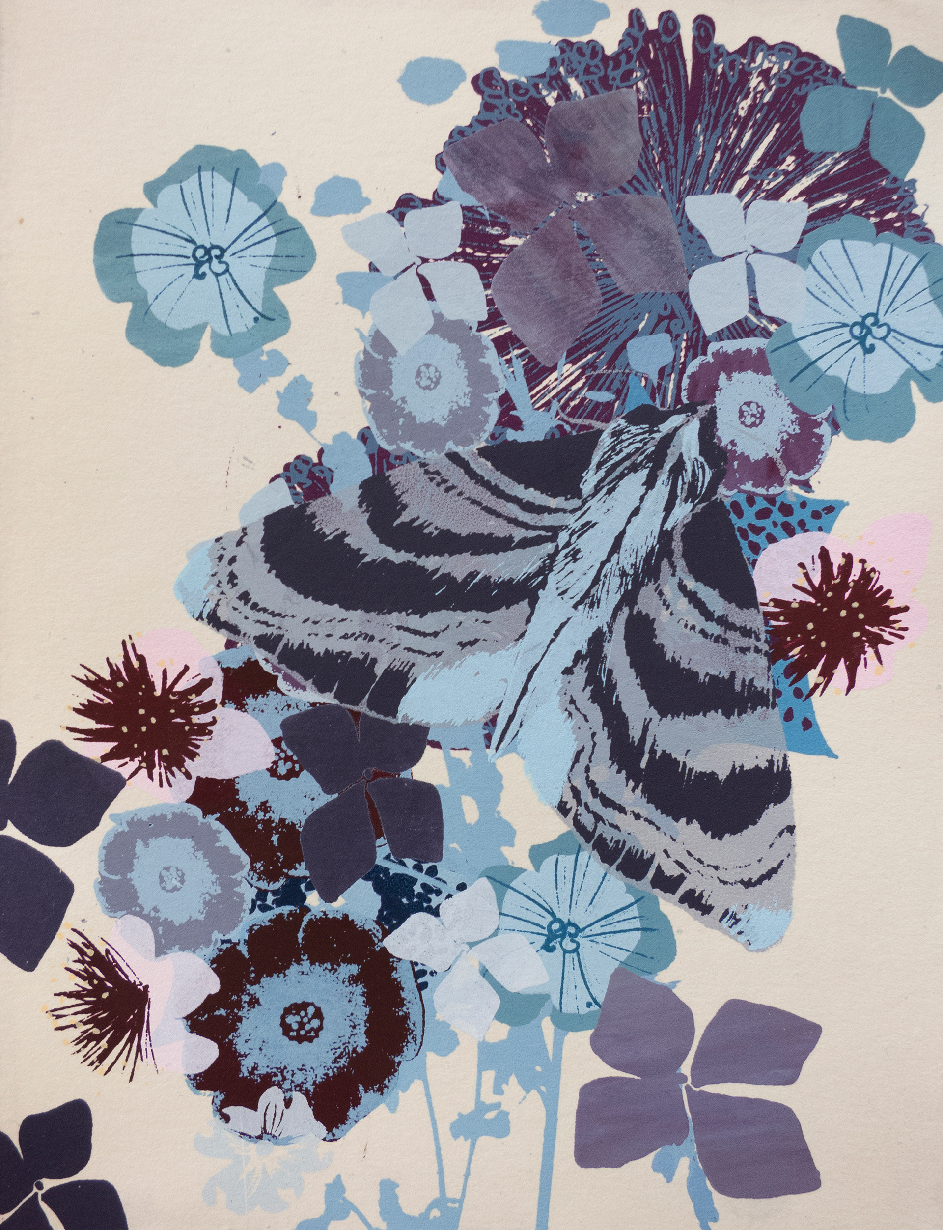 Purple Hydrangea Moth, silkscreen on hand dyed paper. 5" x 7" From the Good Omens series
