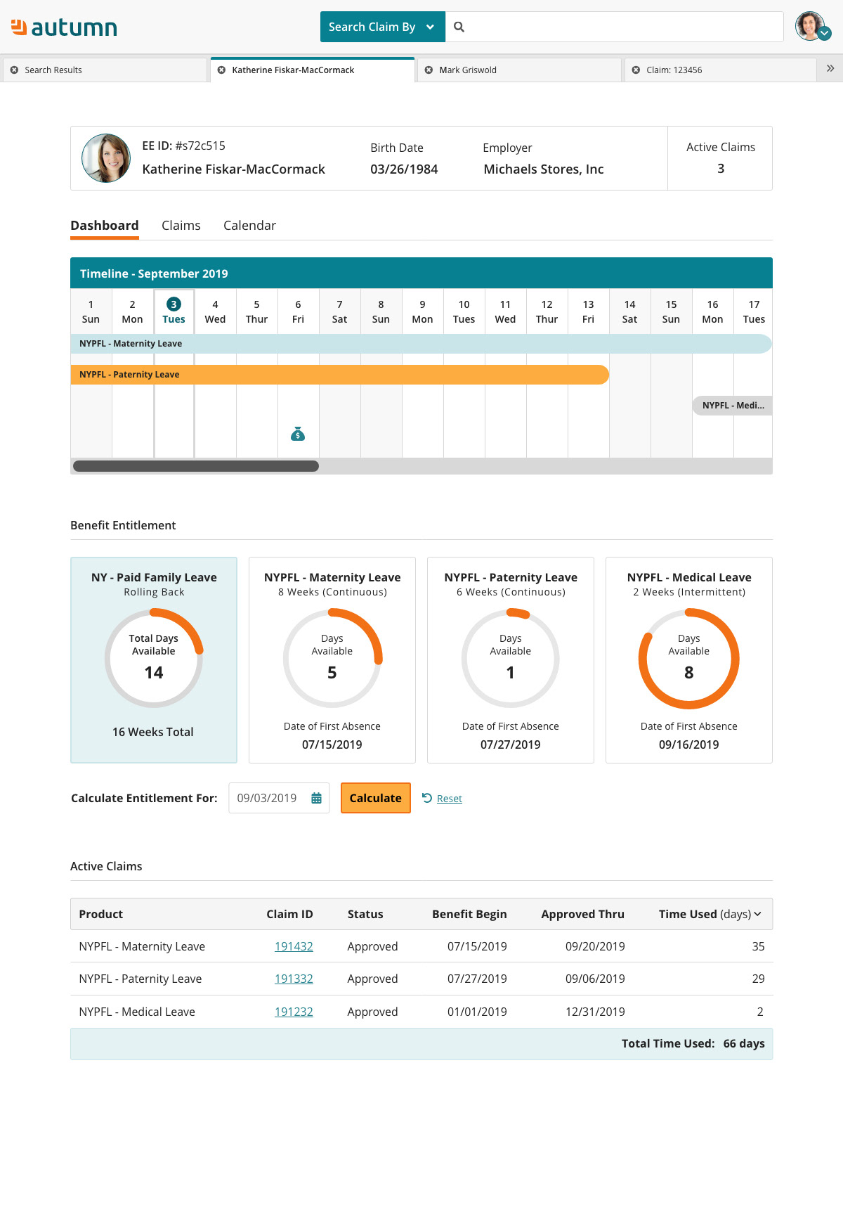 Dashboard - Case managers can view a current snapshot of an employee's claims and benefit life span