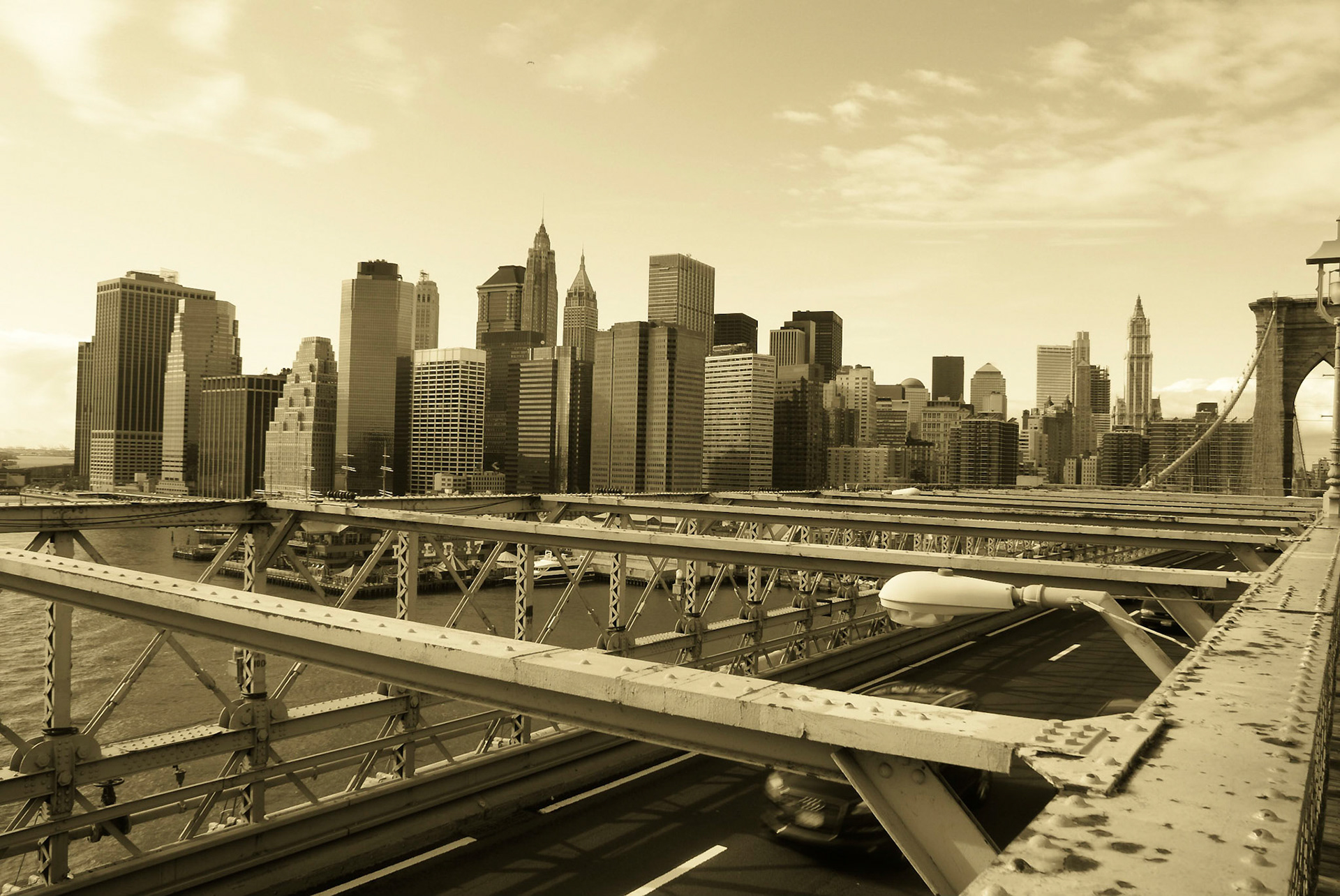 Manhattan skyline from Brooklyn Bridge, aged photo treatment