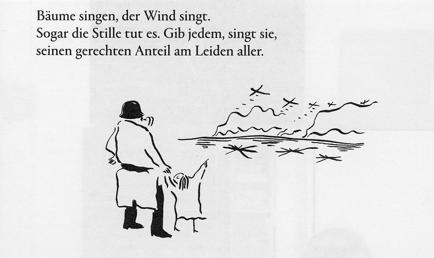 Soldat und Kind schauen auf ein Schlachtfeld