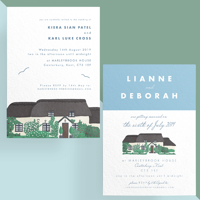 This image shows two invitation designs for the wedding venue of Marleybrook House in Preston, just outside of Canterbury in Kent. Both invitation designs feature a coloured illustration of Marleybrook house.